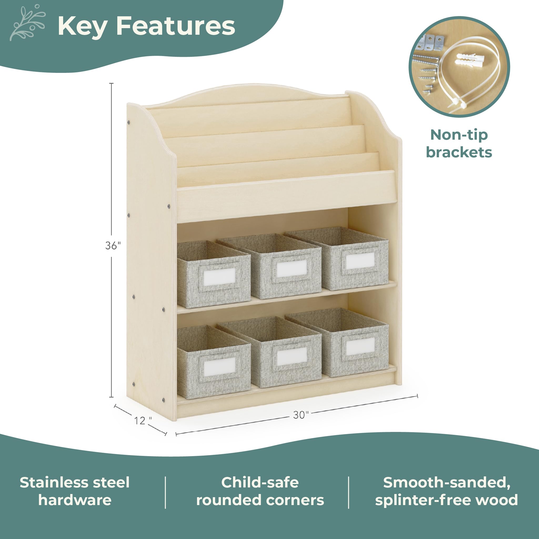 Guidecraft EdQ Book and Bin Browser Natural - 6 Fabric Storage Bins for Kids, Book Display & Toy Organizer - Classroom & Playroom Storage Furniture for Books, Toys & School Supplies