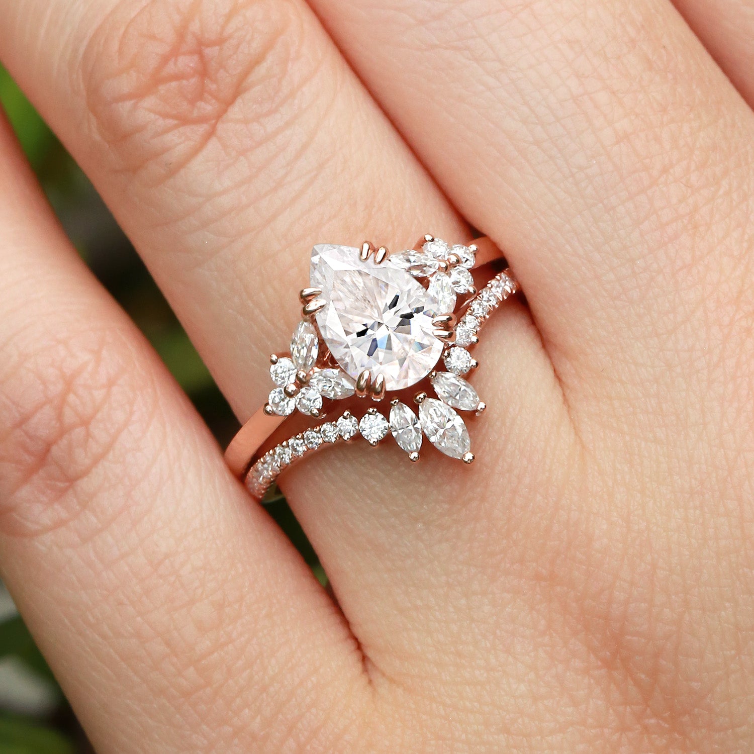 Cluster Pear Shaped Moissanite Chevron Gold Ring Set - 2 Piece Wedding Bridal Jewelry for Engagement, Anniversary & Special Occasions