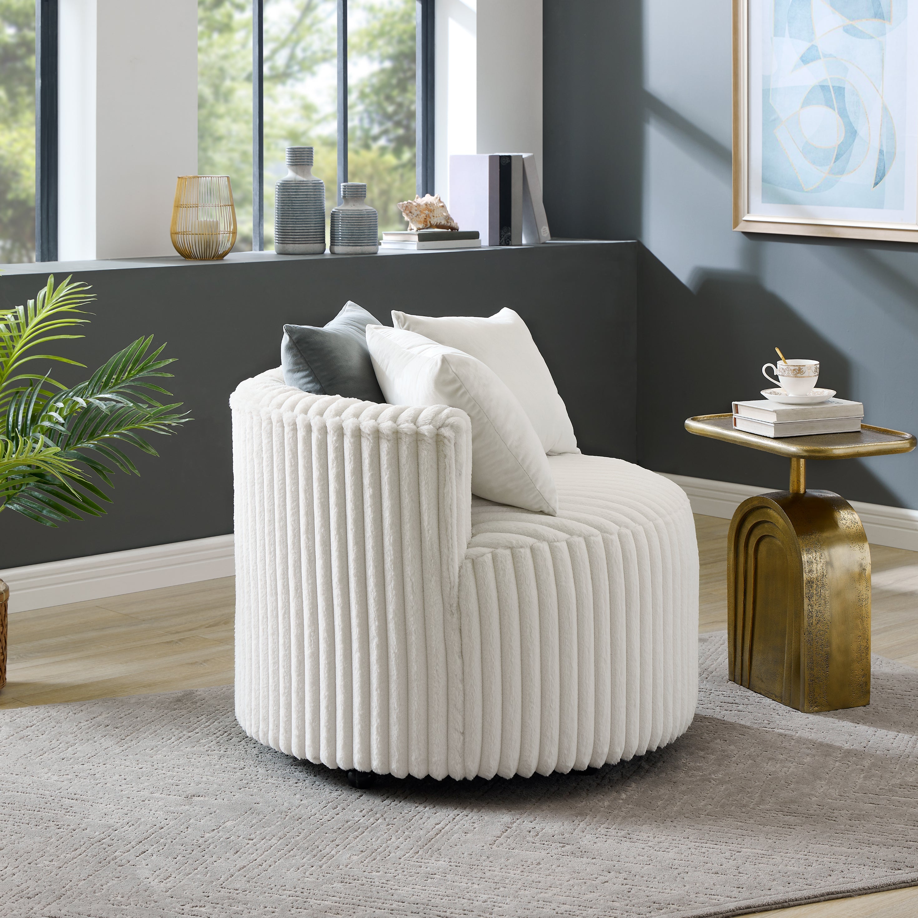 Roundhill Furniture Malna Plush Wide Wale Corduroy Upholstered Barrel Accent Chair with Wheels - Soft & Stylish Living Room Seating, Off White - Perfect for Home Office, Lounge & Reading Nook