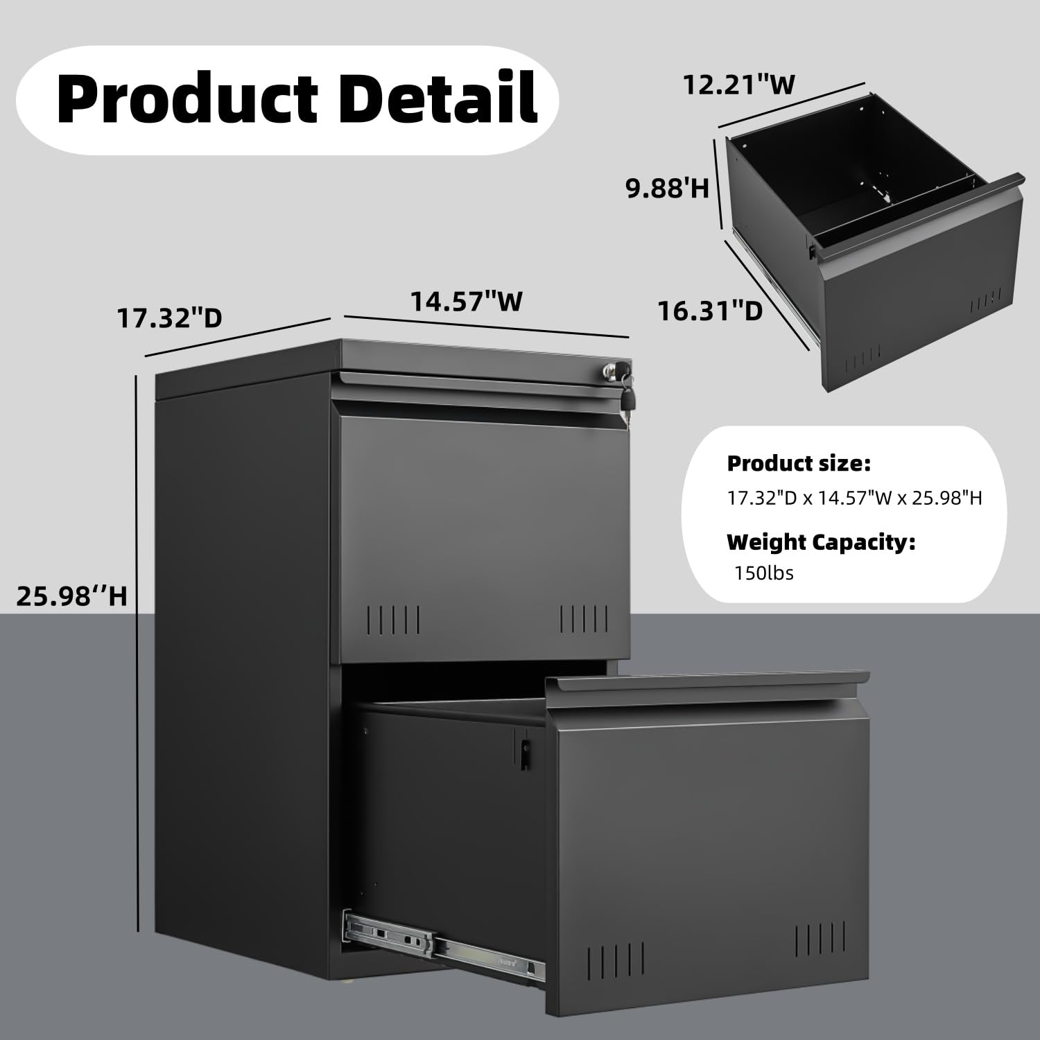 2 Drawer File Cabinet for Home Office - Lockable Vertical Storage Cabinet, Printer Stand & Under Desk Organizer for A4/Letter/Legal Size Documents | Easy Assembly Black Filing Cabinet | Perfect for Office, Study & Small Space Organization