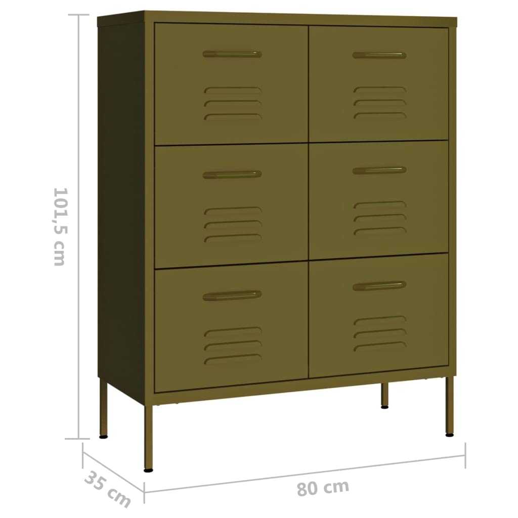 vidaXL 6-Drawer Industrial Storage Cabinet - Olive Green Steel Dresser with Fully Extendable Drawers for Easy Organization | Durable & Low-Maintenance | Perfect for Bedroom, Office or Garage Storage Solutions