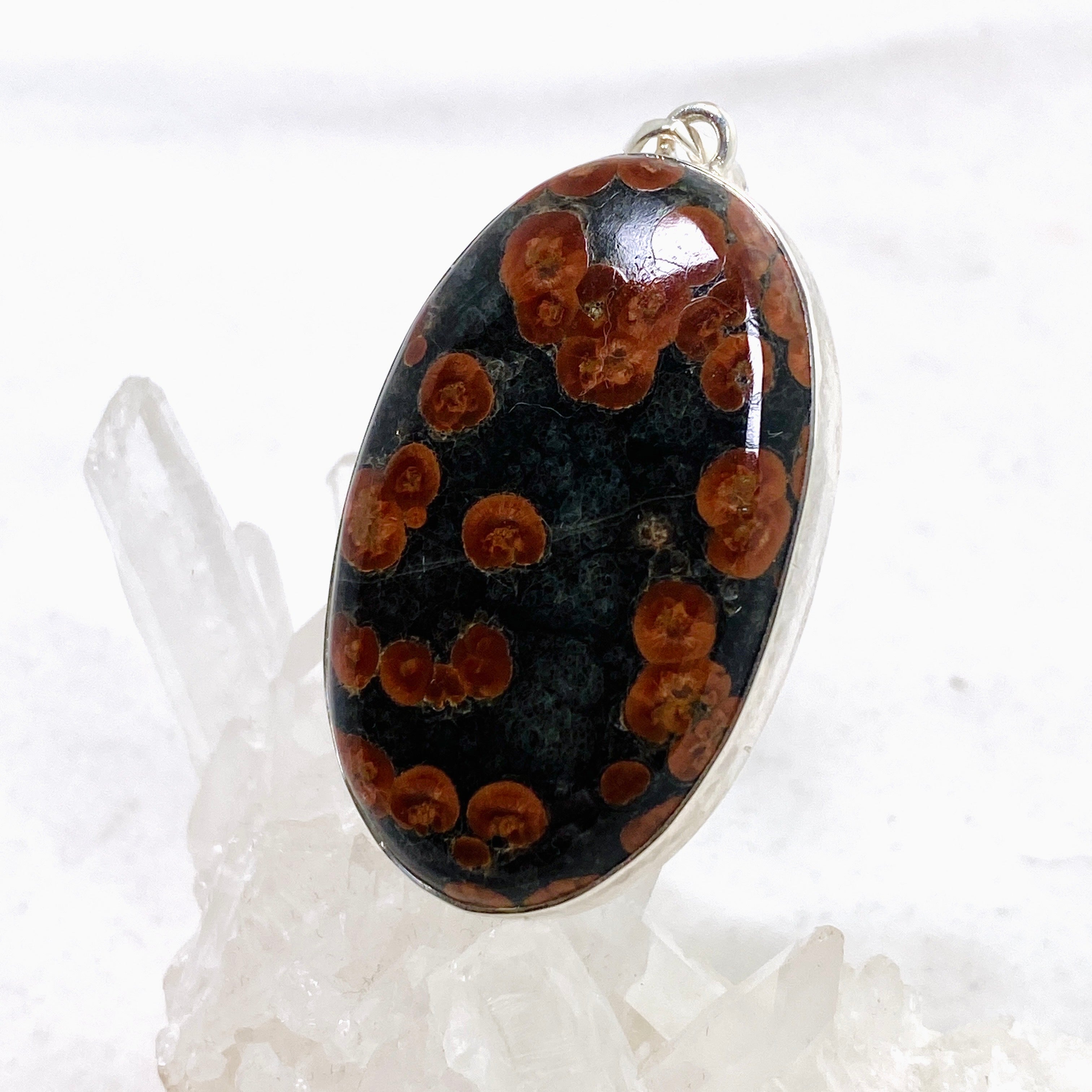 Natural Peanut Obsidian Perlite Oval Cabochon Pendant with Hammered Silver Setting KPGJ4769 - Elegant Handmade Jewelry for Women, Perfect for Gifts & Spiritual Healing