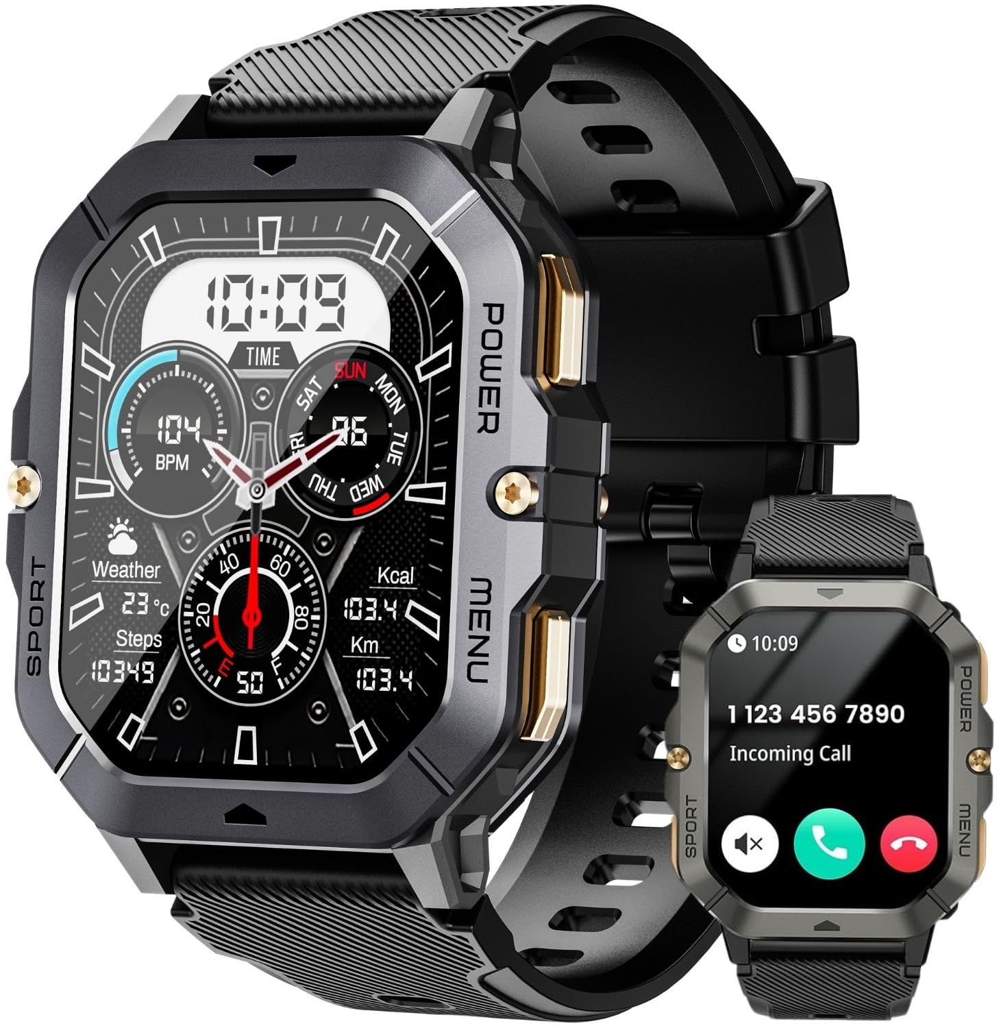 Military Smart Watches for Men - Answer/Make Calls, Fitness Tracker with Blood Pressure, Heart Rate & Sleep Monitor, 100+ Sport Modes, 410mAh Battery, 2.02