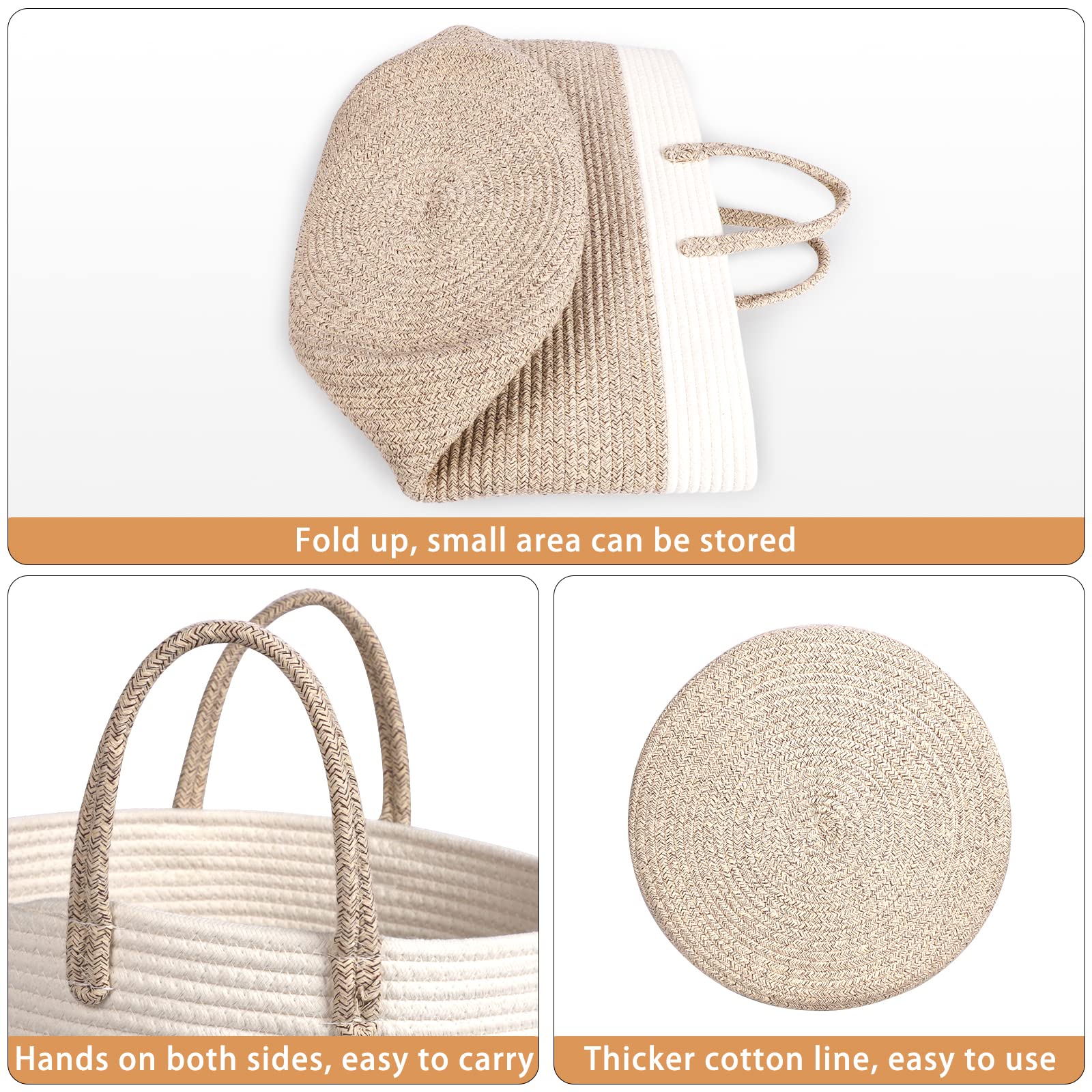 Tesmien Foldable Woven Laundry Basket & Toy Storage Organizer - Large Cotton Rope Hamper with Handles for Nursery, Baby Room Decor (35x40cm, Khaki+White) - Perfect for Kids' Toys, Blankets & Clothes Storage