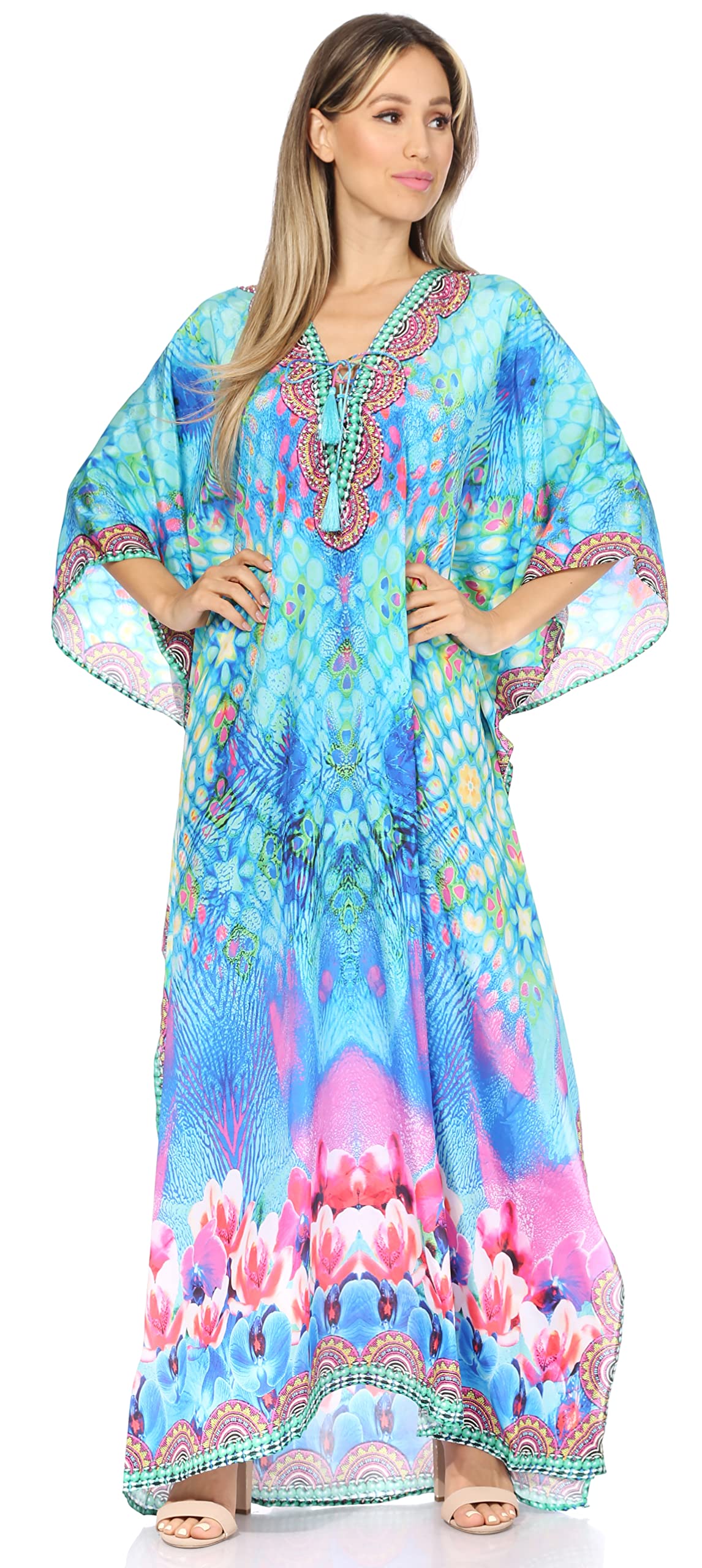 Sakkas Women's Elegant Georgette Rhinestone V-Neck Long Caftan Dress - Beach Cover Up, Evening Gown & Summer Maxi Dress for Vacation, Party & Special Occasions