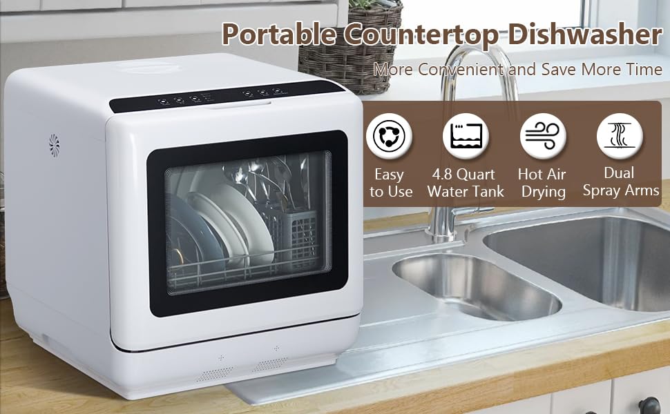 Portable Countertop Dishwasher with Built-in Water Tank - 5 Wash Programs, Dual Spray Arms, 149℉ High-Temperature & Air Dry - Compact Dishwasher for RVs, Apartments, Dorms, Small Kitchens - Perfect for Camping, Tiny Homes & Limited Space Living