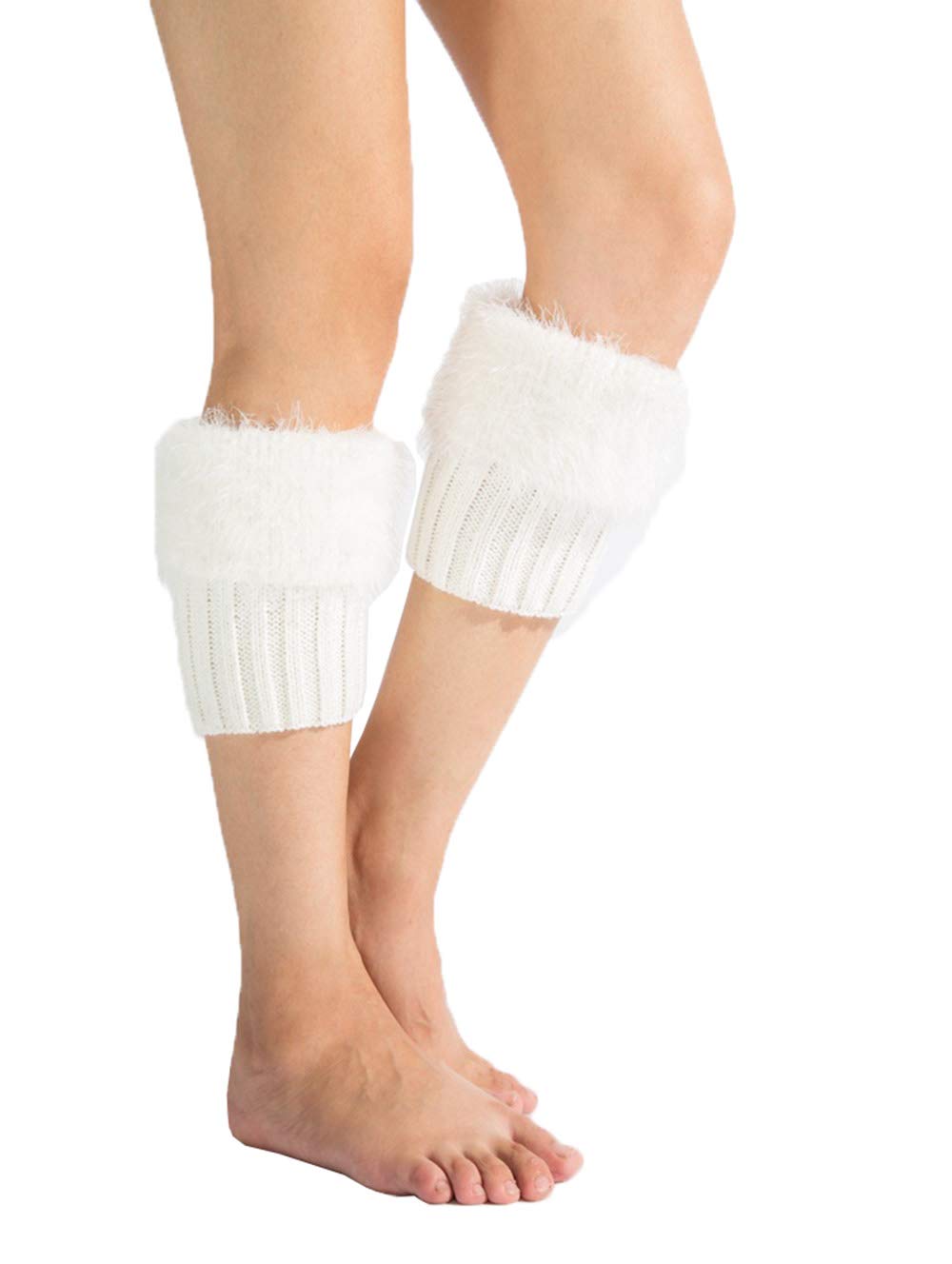 Booluee Women's Knit Boot Cuffs - Cozy Crochet Leg Warmers with Faux Fur Trim for Winter - Stylish Boot Toppers & Socks for Cold Weather, Snow Days & Outdoor Activities