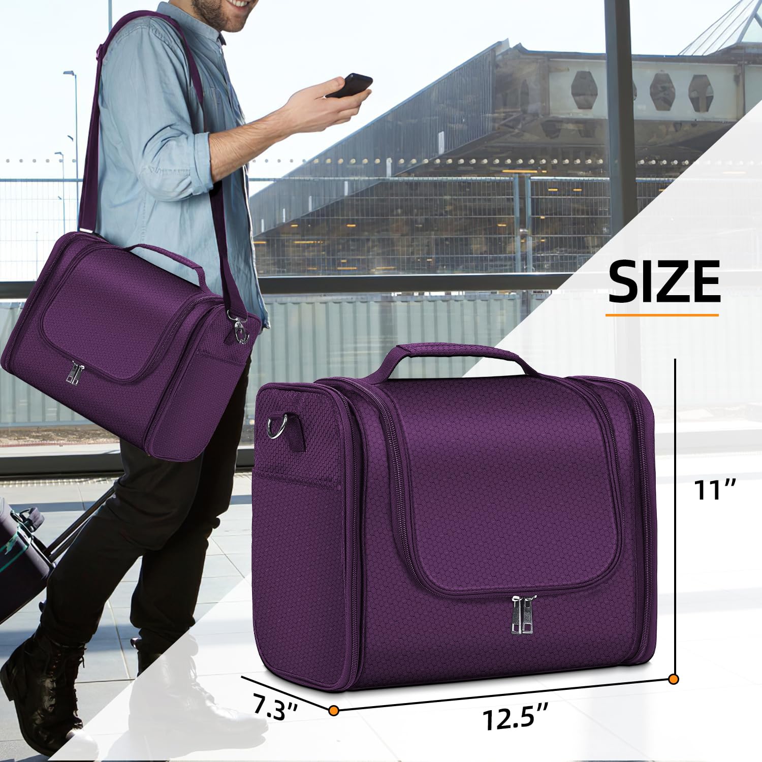 Buruis Large Hanging Toiletry Bag for Women & Men - Waterproof Cosmetic Organizer with Extra Capacity for Travel Essentials, Makeup, Full-Sized Toiletries (Purple) - Perfect for Air Travel, Camping & Gym Use