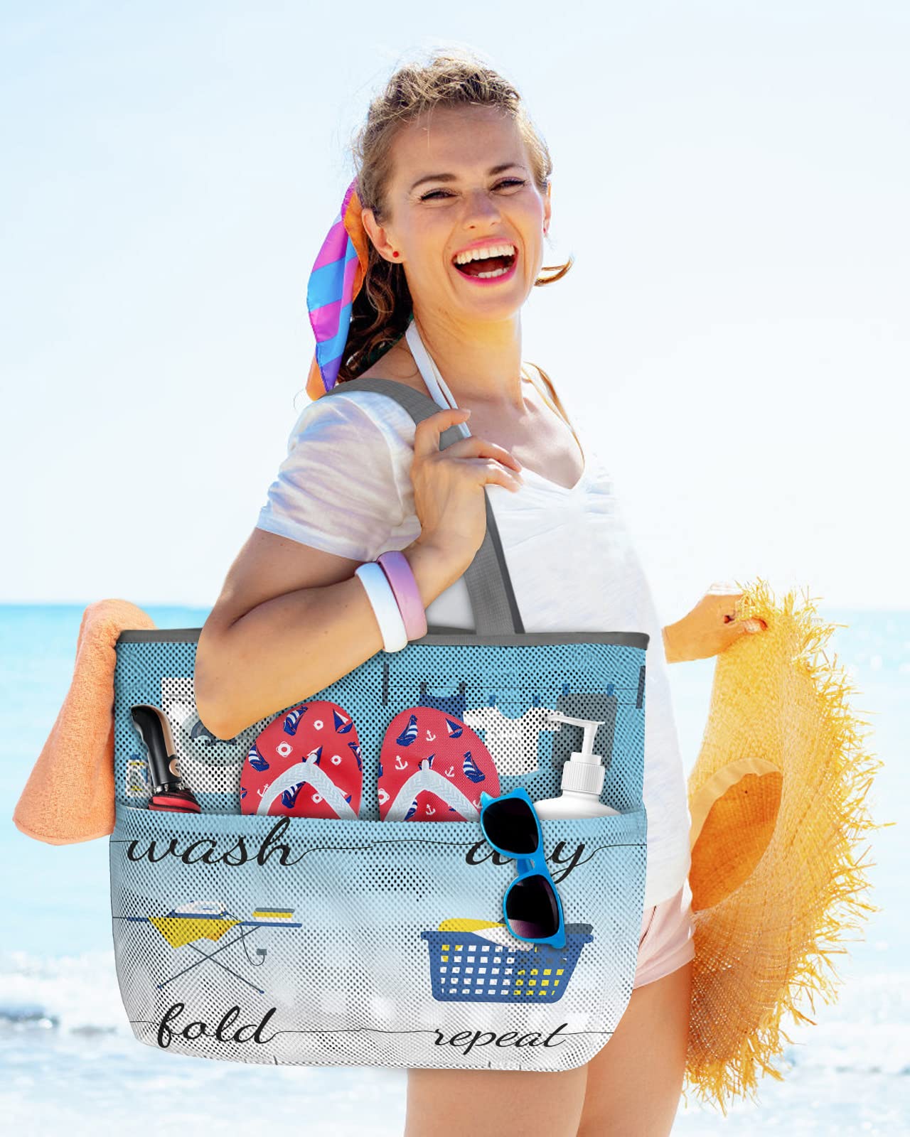 Waterproof Sandproof Mesh Beach Tote Bag with Zipper & Pockets - Large Blue Ombre Beach Handbag for Laundry, Swimming Pool, Picnic & Outdoor Activities | Wash Dry Fold Repeat Design