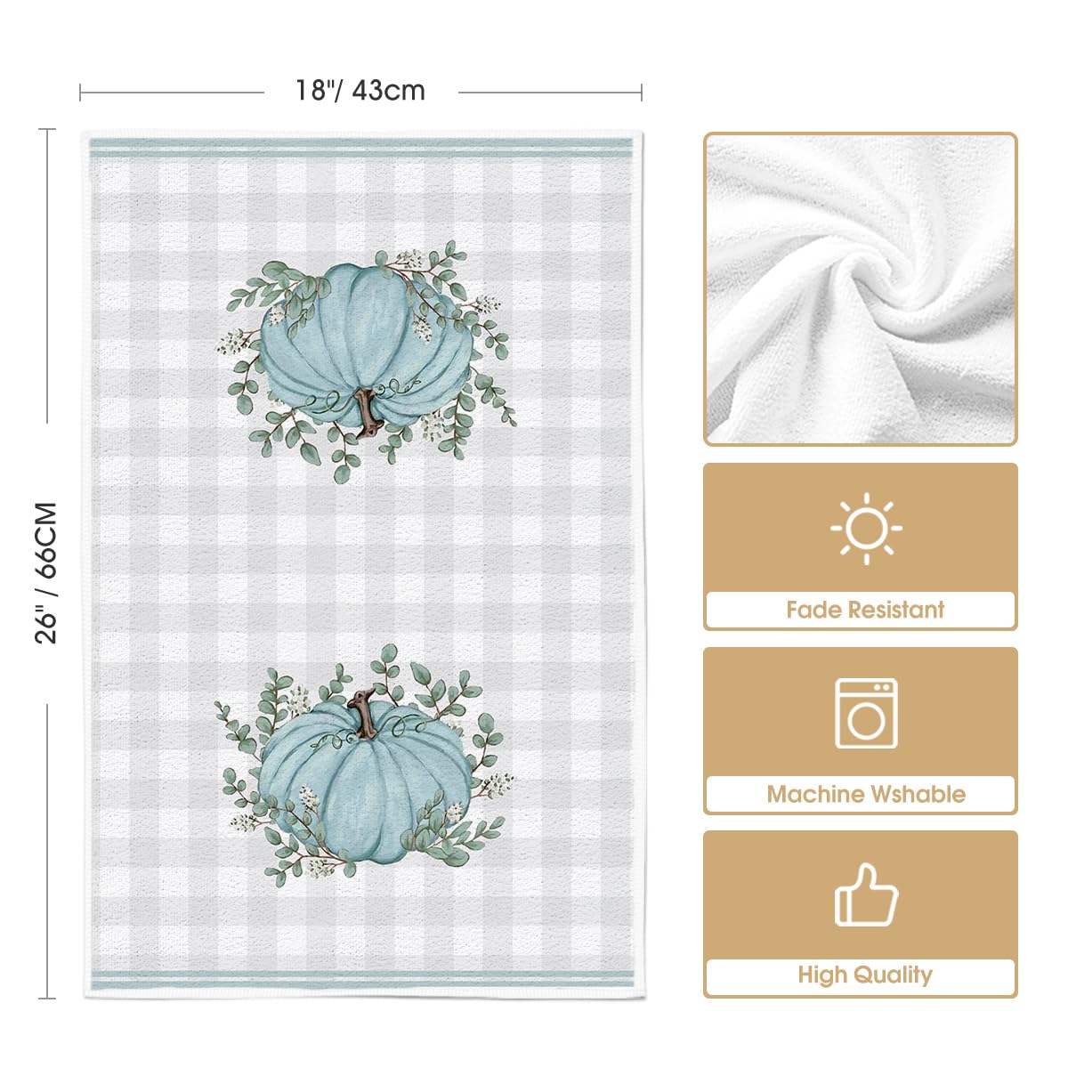 Artoid Mode Grey Eucalyptus Leaves Hello Pumpkin Fall Kitchen Towels - Set of 4 Farmhouse Dish Towels 18x26 Inch, Thanksgiving Home Decor for Kitchen, Dining Room & Holiday Table Setting