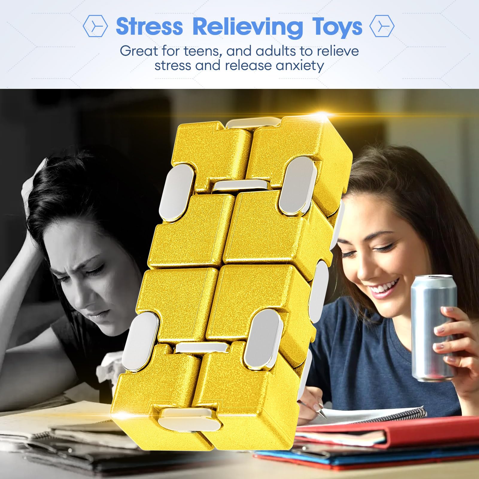 Metal Infinity Cube Fidget Toy - Punk Style Zinc Alloy Stress Relief Desk Gadget for Adults with Durable Case | Anxiety Relief, Office Focus Tool & Cool Gift for Gamers (Yellow)