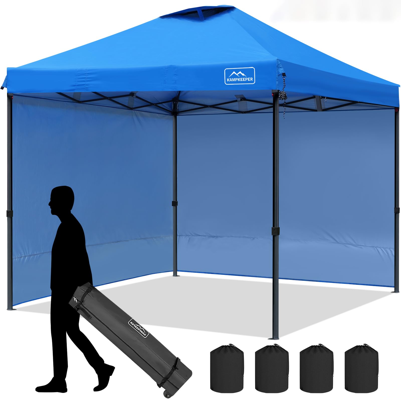 KAMPKEEPER 10x10 FT Pop Up Canopy Tent with 2 Sidewalls - Portable Instant Shelter for Beach, Camping, Backyard, Picnic & Outdoor Events - Includes 4 Weight Bags & Carry Bag - Waterproof UV Protection Sun Shade Gazebo (Blue)
