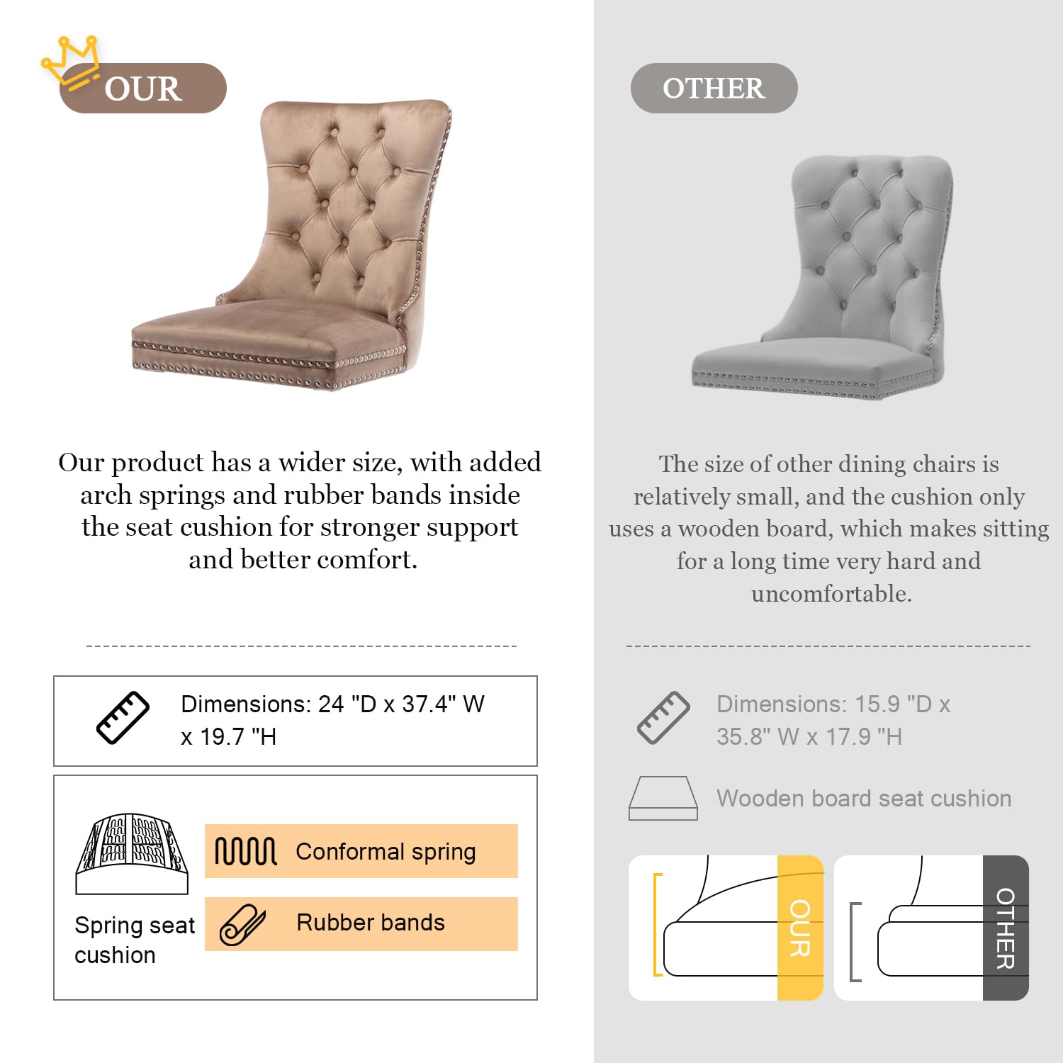Virabit Velvet Dining Chairs Set of 2 - Tufted Upholstered Kitchen Chairs with Nailhead Trim & Solid Wood Legs, Elegant Accent Chairs for Dining Room, Bedroom or Office (Khaki) | Perfect for Modern Home Decor & Entertaining Guests