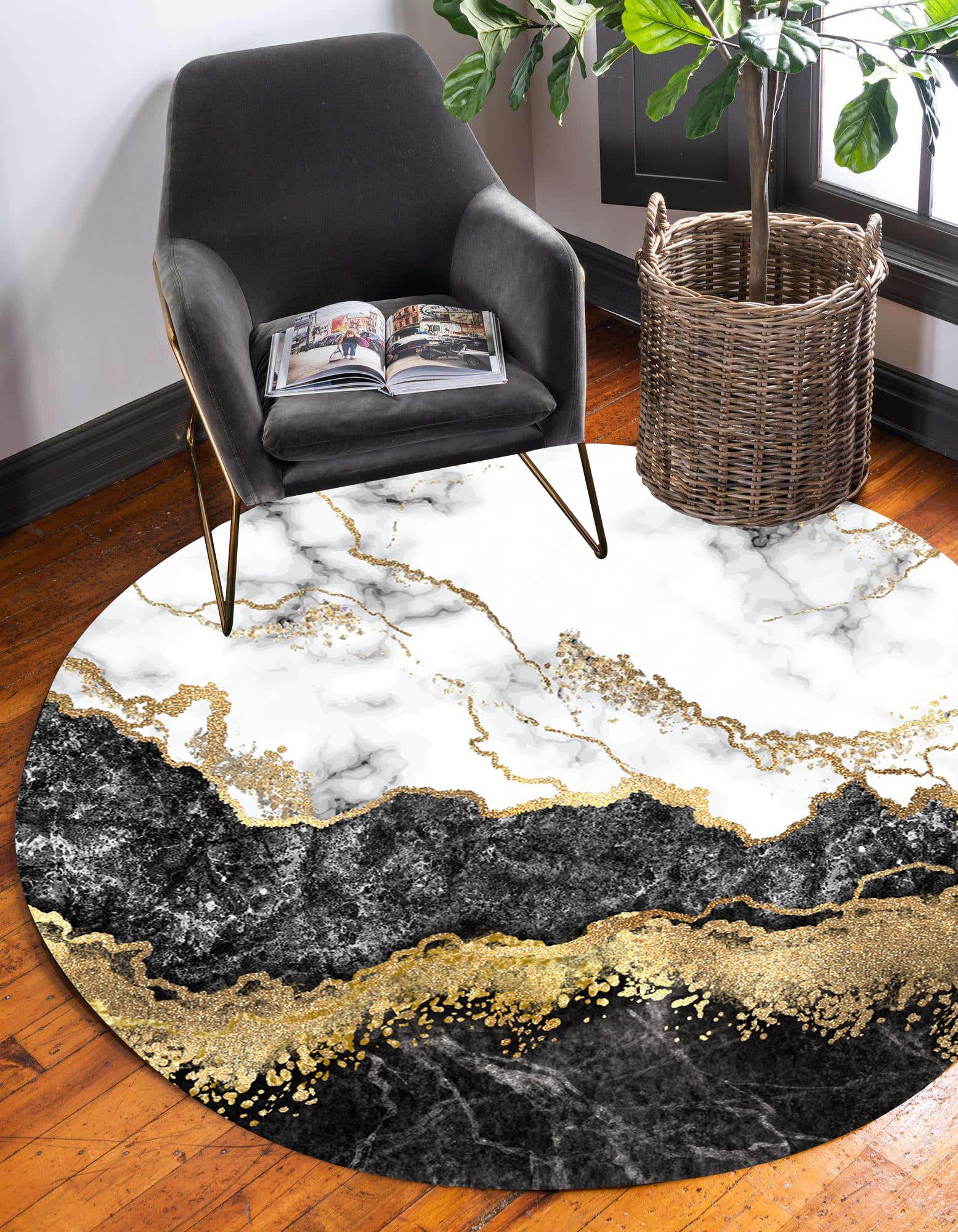 Black Gold Marble Pattern Modern Abstract Round Area Rug - 6ft Soft Washable Faux Wool Circular Carpet for Living Room, Bedroom & Dining Room | Contemporary Home Decor, Boho Chic Floor Covering for Lounge, Nursery & Office Spaces