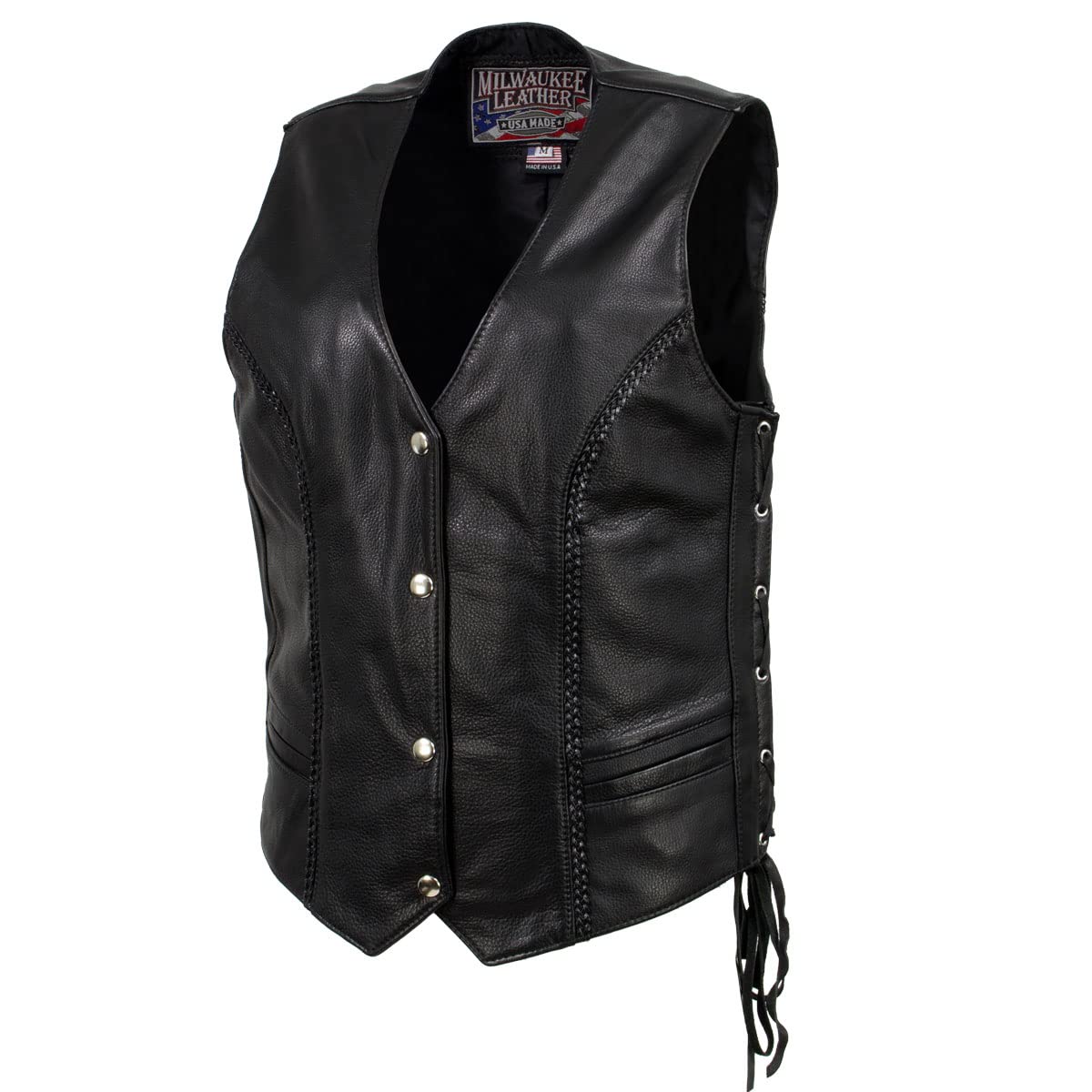 Milwaukee Leather MLVSL5001 Women's Black Braided Motorcycle Vest - Genuine USA Made Leather Jacket for Bikers & Riders - Perfect for Motorcycle Clubs, Road Trips & Casual Outfits