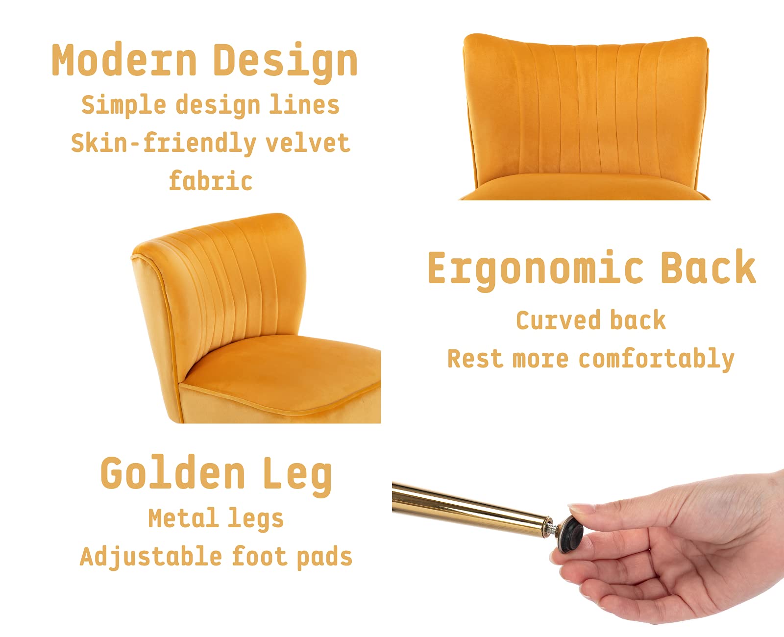 Velvet Accent Chairs Set of 2 - Mid-Century Modern Upholstered Side Chairs with Golden Legs, Armless Wingback Slipper Chairs for Living Room, Guest Room & Bedroom - Soft Yellow Comfy Seating for Home Decor