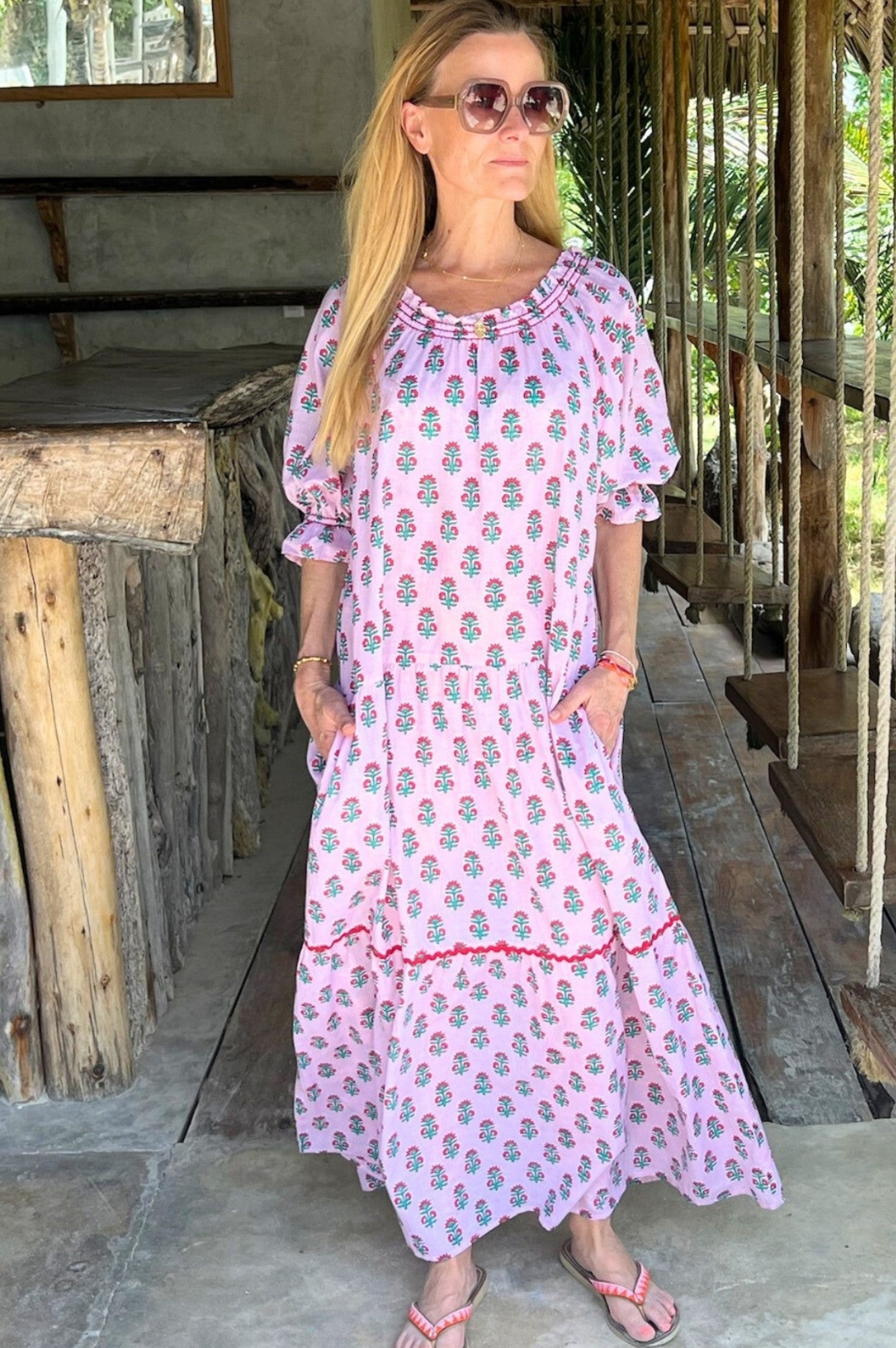 Violet Block Print Dress with Sunflower Buti Pink Design | Floral Summer Dress for Women | Perfect for Beach Vacations, Parties & Casual Outings