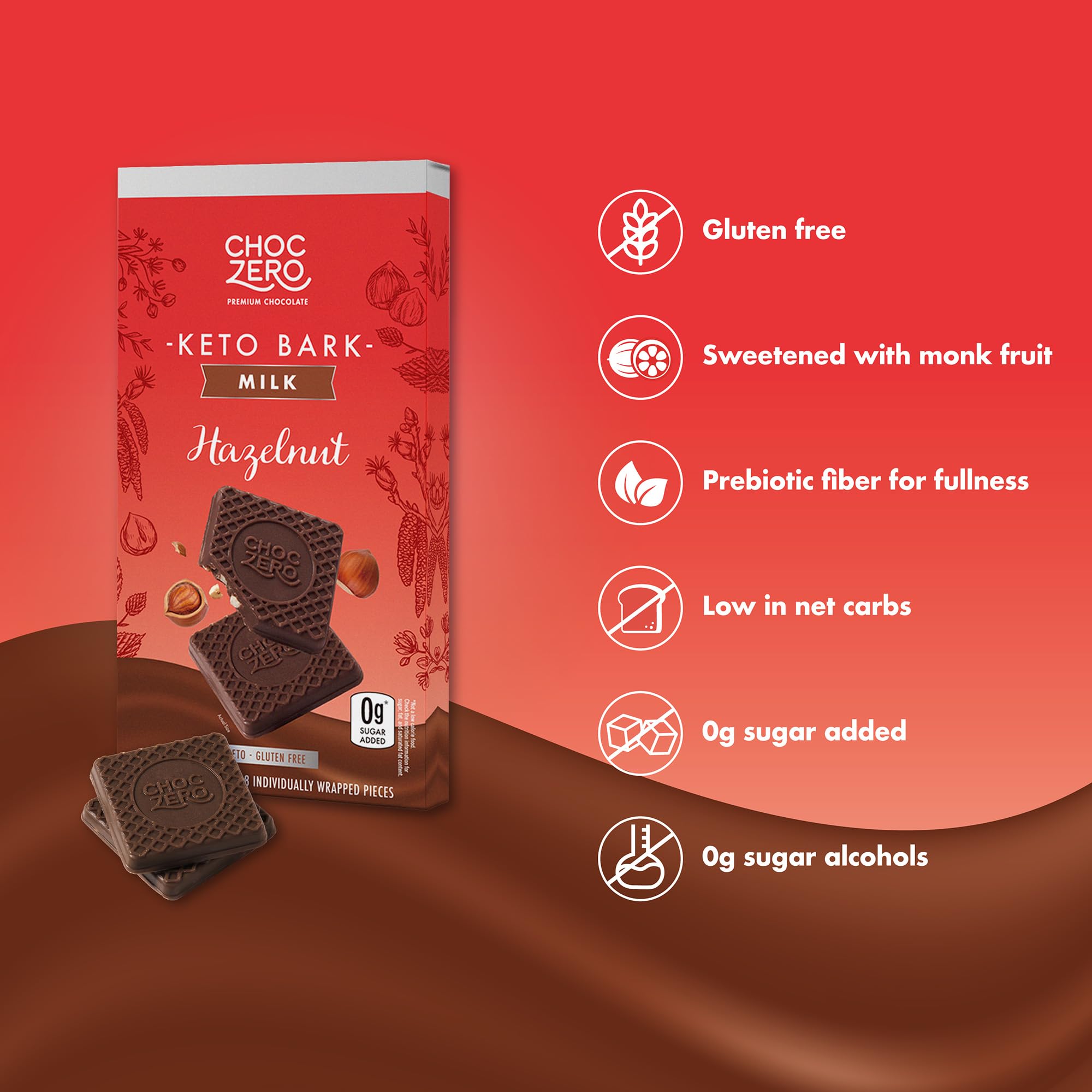 ChocZero Keto Bark - Sugar Free Milk Chocolate Hazelnut Candy Bar with No Sugar Alcohols | Low Carb, No Artificial Sweeteners | 3.2oz (4-Pack) | Perfect for Keto Diet, Diabetic Snacks & Healthy Desserts