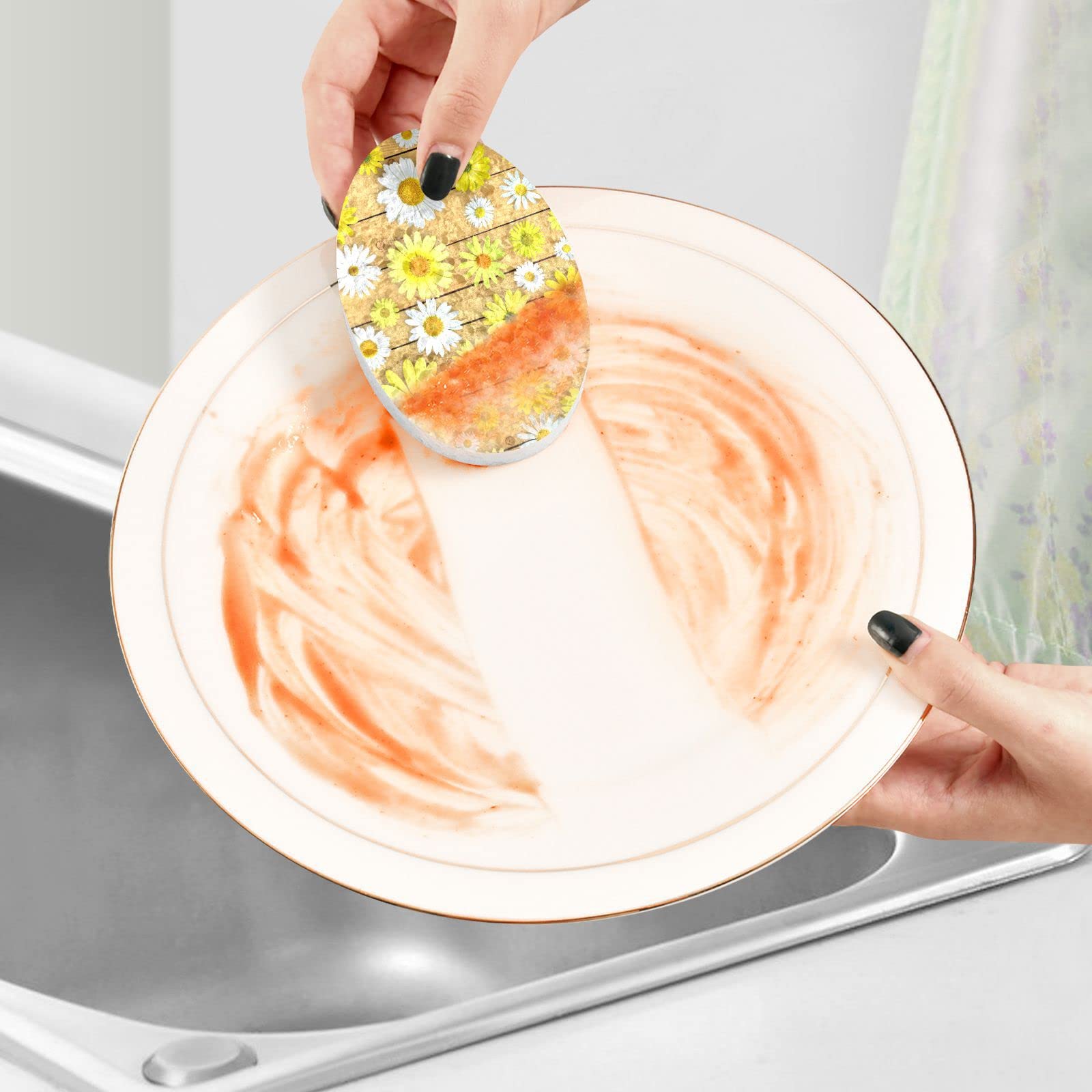 Kcldeci 3 Pack Kitchen Dish Scrub Sponge Pads - Yellow Daisy Design on Brown Wooden Scrubber, Durable Dishwashing Sponges for Household Cleaning, Perfect for Kitchen Sinks and Countertops