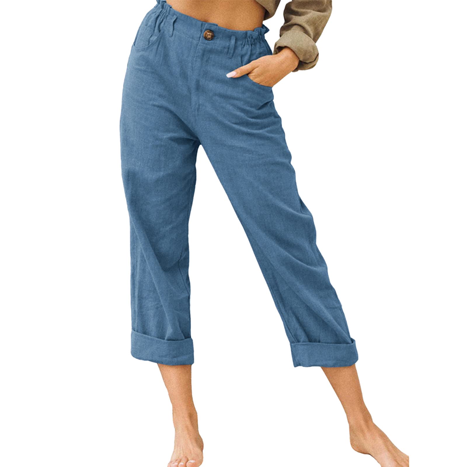 Women's Casual Cotton Linen Pants with Drawstring Back & Elastic Waist - Comfortable Work Trousers for Office, Travel & Everyday Wear