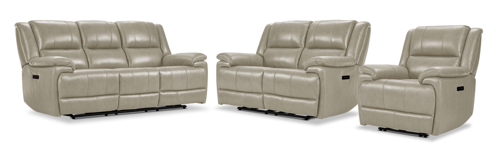 Allie Leather Dual Power Reclining Sofa Set with Loveseat and Recliner - Fog Gray - Modern Living Room Furniture for Home Theater & Family Relaxation