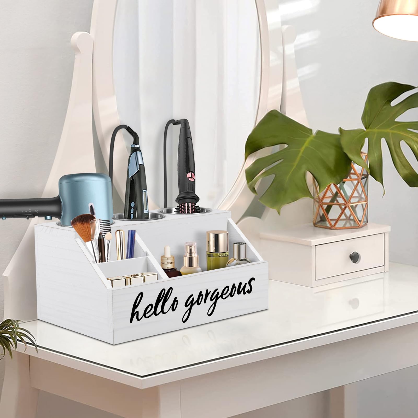 Anwelynd Wooden Hair Tools Organizer - Rustic Bathroom Countertop Storage Stand for Hair Dryer, Curling Iron & Straightener | Vanity Caddy for Styling Accessories | Perfect for Home, Salon & Spa Organization