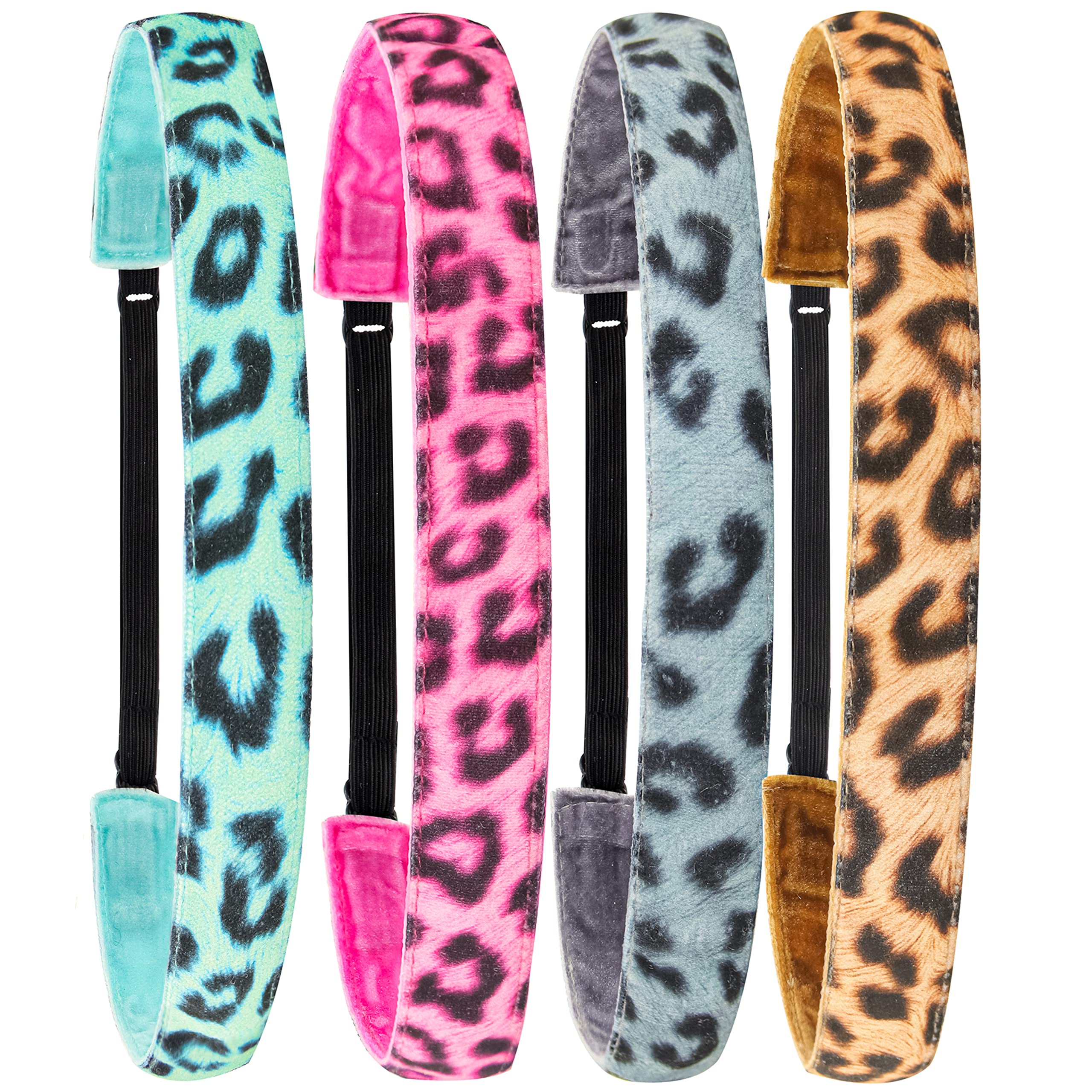FROG SAC 4 Leopard Print Headbands for Girls & Women - Adjustable Stretch Elastic Cheetah Fabric Hair Bands for Kids & Teens - Non-Slip Thin Athletic Sports Headwear for Running, Yoga & Workouts