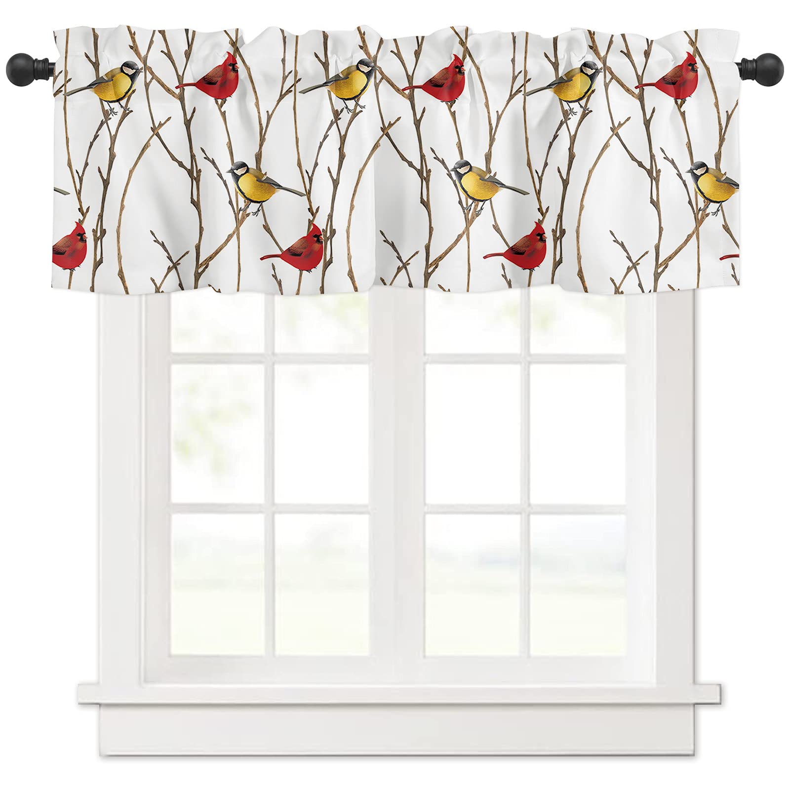 Christmas Window Valance Curtain with Branch Tree, Yellow Bird & Red Cardinal Design - Blackout Rod Pocket Valance for Kitchen, Bedroom, Living Room & Bathroom - 1 Panel (54 x 18 Inches) - Perfect for Holiday Decor & Seasonal Home Styling