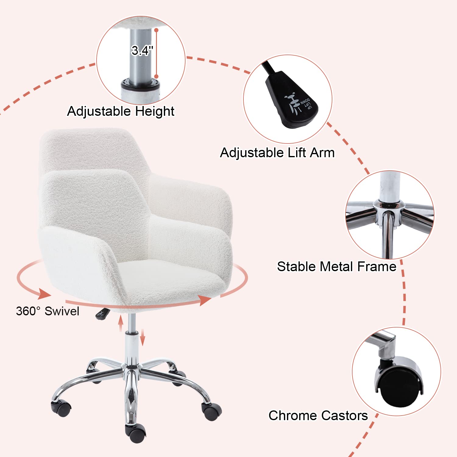 Yoluckea Modern Velvet Home Office Chair - Adjustable Swivel Vanity Accent Chair for Girls & Women, Soft Cute Makeup Chair for Bedroom, Living Room, Dressing Room (White) | Perfect for Home Office, Beauty Salon, Makeup Station & Study Room