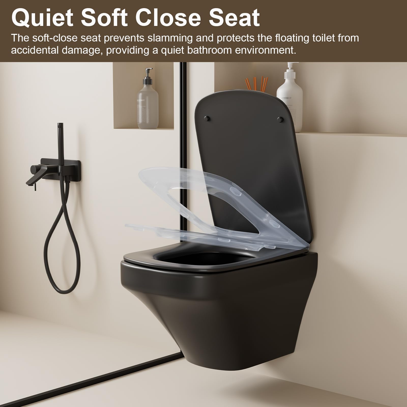 Simple Project One Piece Elongated Square Wall Mount Toilet in Matte Black - Space-Saving Wall Hung Toilet Bowl with Soft-Close Seat for Modern Bathrooms | Perfect for Small Bathrooms, Luxury Homes & Commercial Spaces
