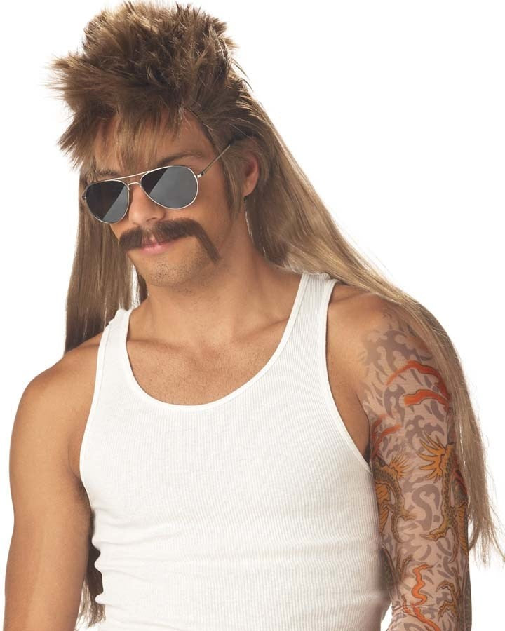 70s Mississippi Mudflap Long Brown Wig and Mustache Set - Vintage Disco Costume Accessories for Halloween, Cosplay, and Themed Parties