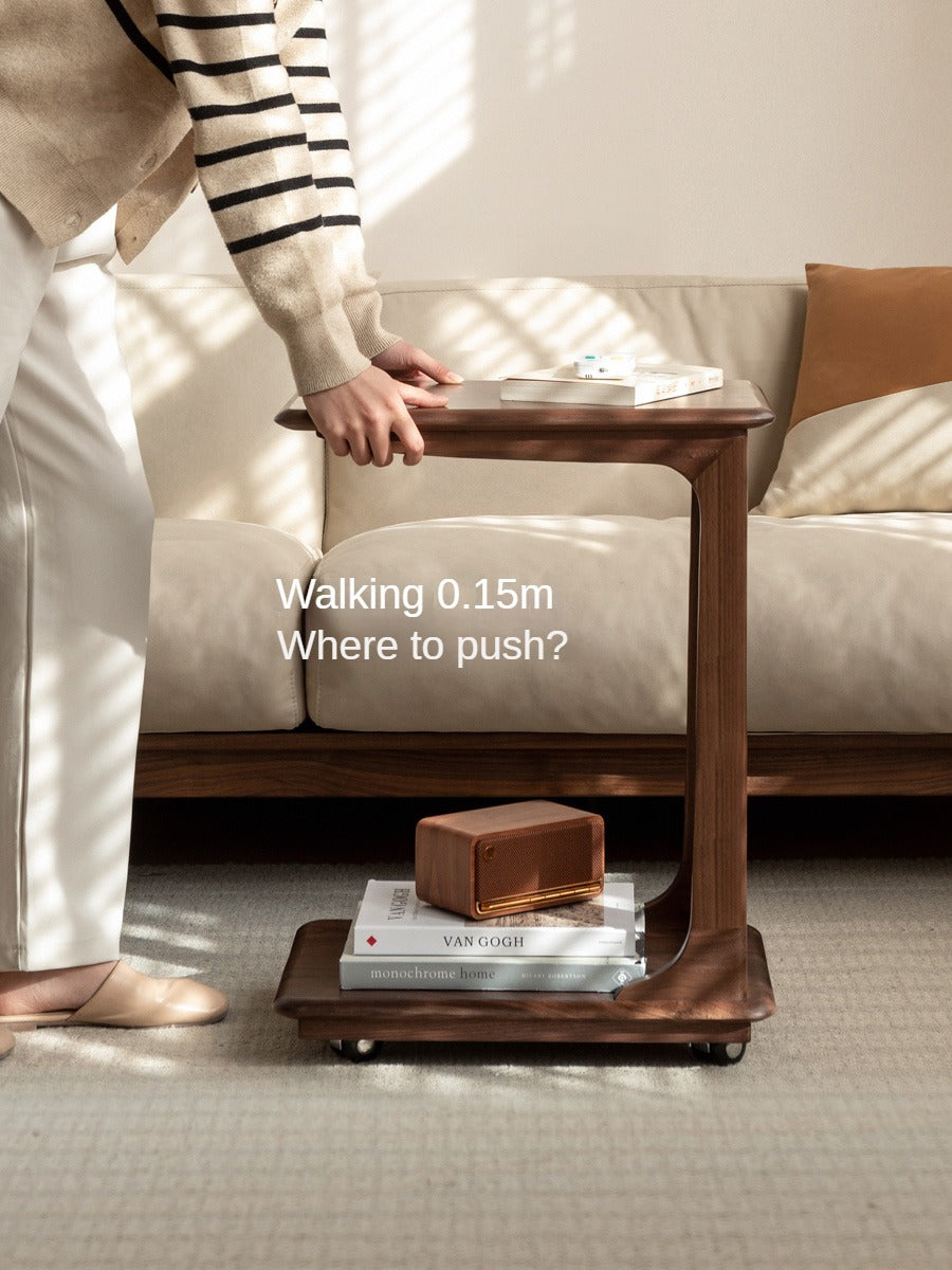 Premium Black Walnut Solid Wood Mobile Side Table - Rolling End Table with Wheels for Living Room, Bedroom, or Office - Natural Wood Nightstand with Storage Shelf
