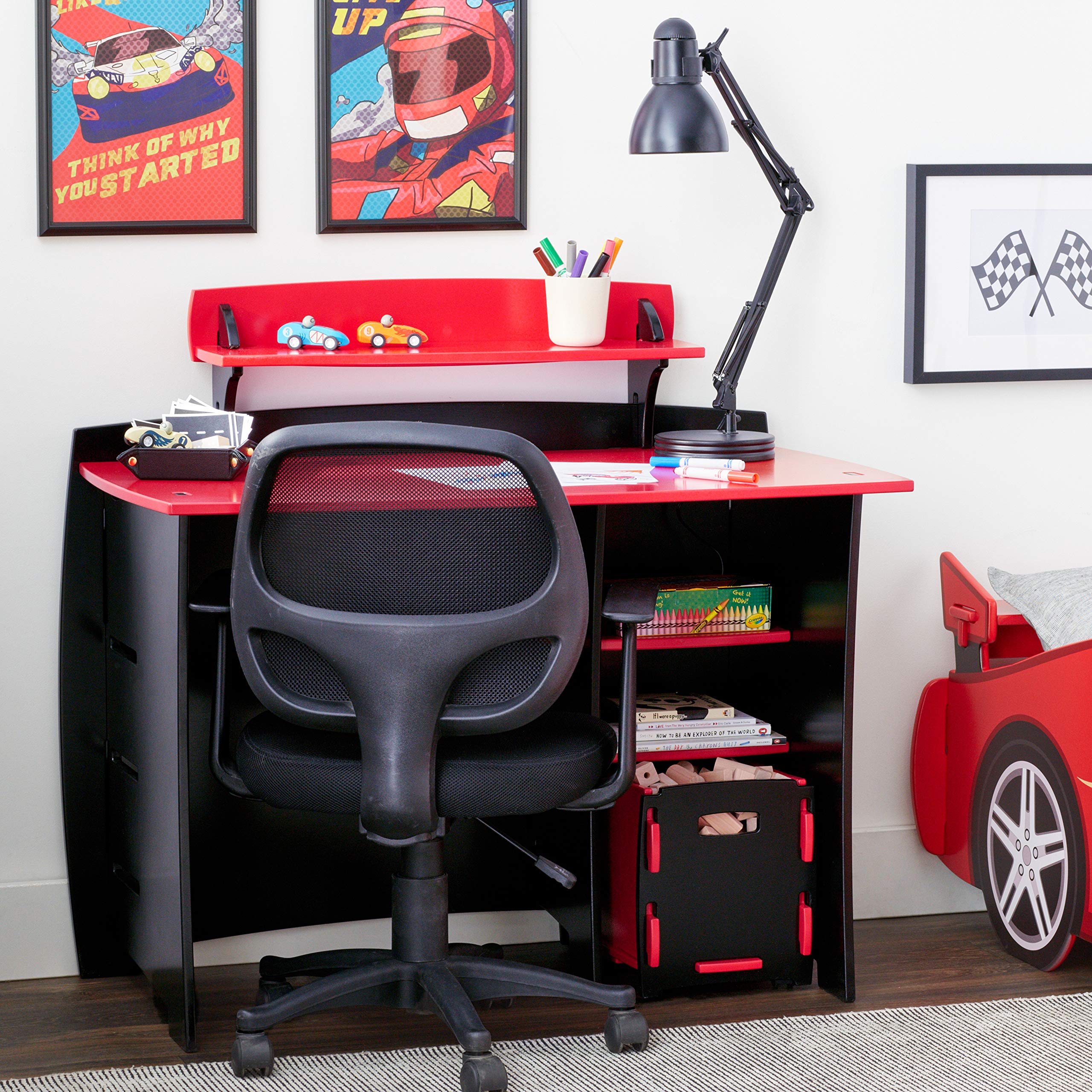 Legaré Kids Study Desk with Bookshelves & Rolling File Cart - Adjustable Height Children's Writing Table in Red/Black - Perfect for Homework, Drawing & Homeschooling Activities