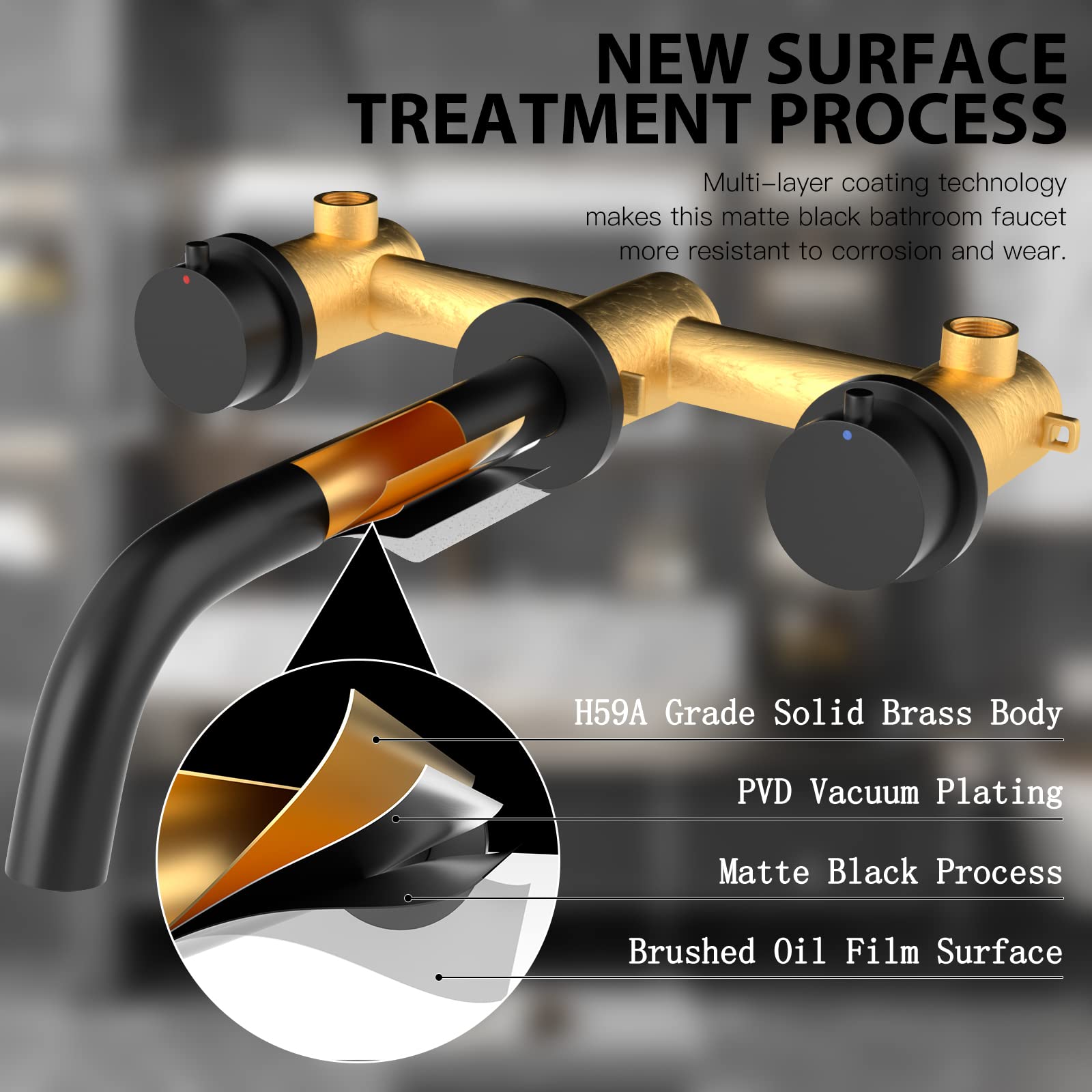 Black Wall Mount Faucet - Double Handle 3 Hole Bathroom Sink Faucet with Rough-in Valve - Perfect for Modern Lavatory Basins and Tub Installations