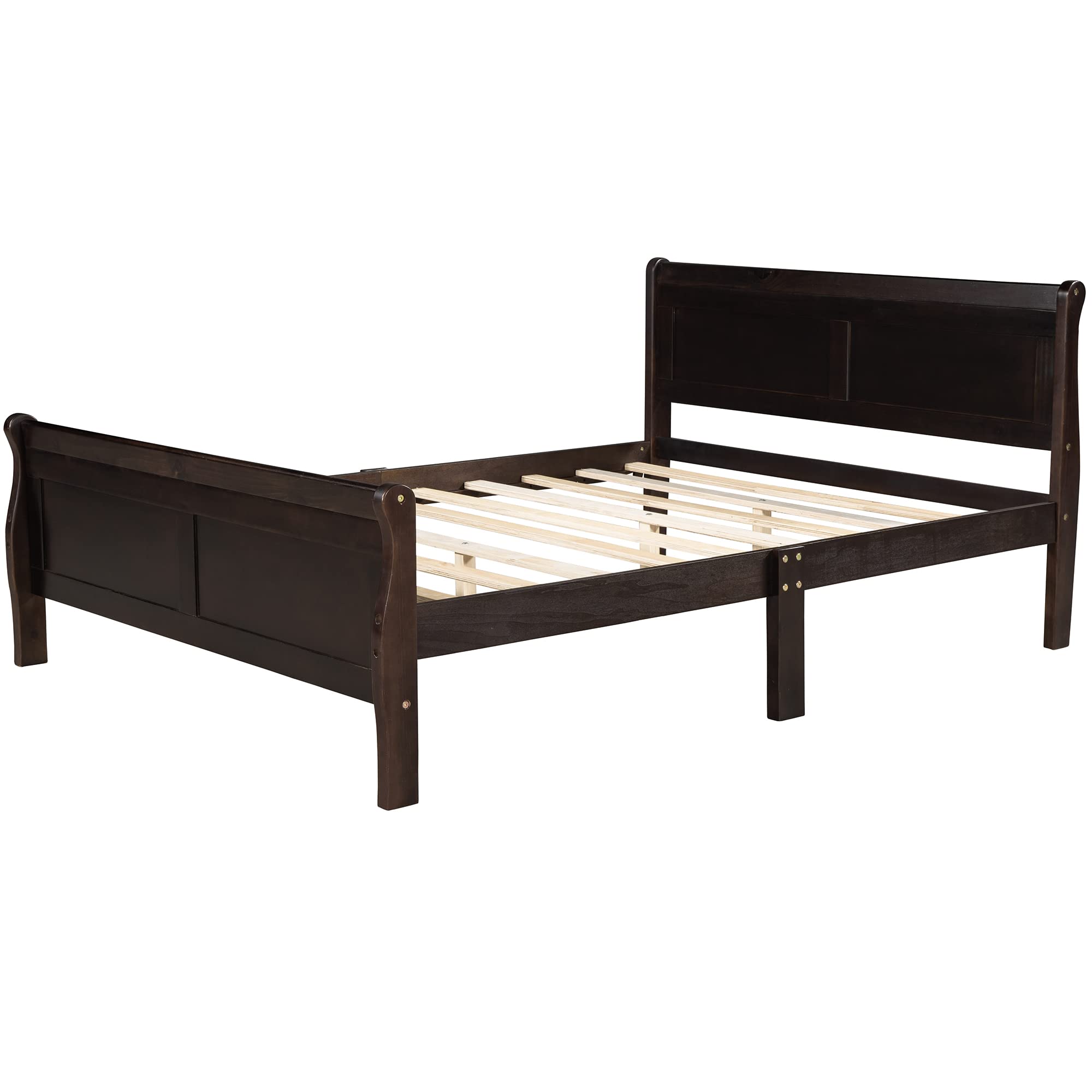 Queen Size Solid Wood Platform Bed Frame with Headboard & Footboard - Sleigh Design, 10 Wood Slats Support, No Box Spring Needed - Espresso Finish for Adults & Teens | Perfect for Master Bedroom, Guest Room & Dormitory