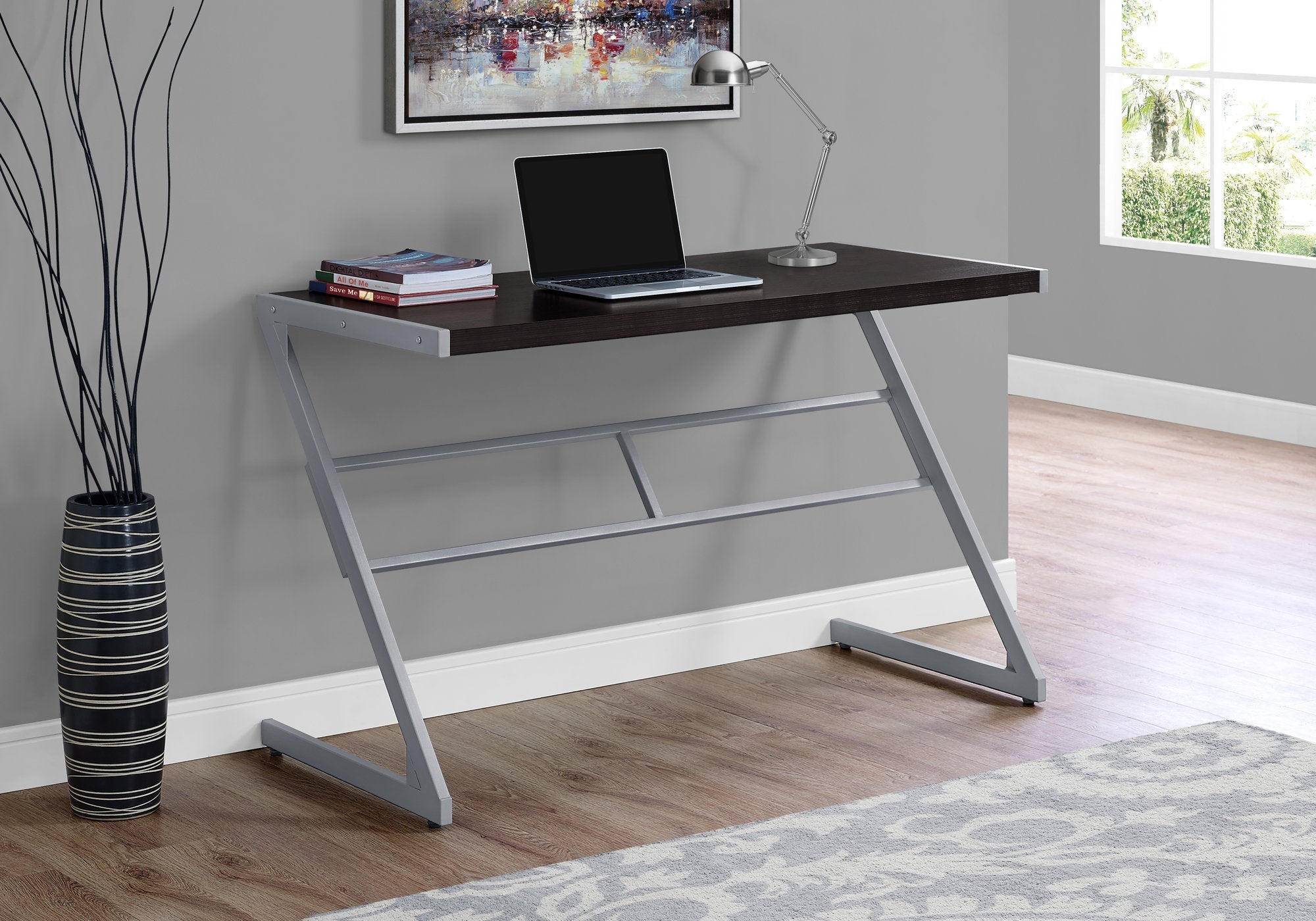 48-Inch Computer Desk with Silver Metal Frame in Cappuccino Finish - Perfect for Home Office, Gaming, and Study Spaces