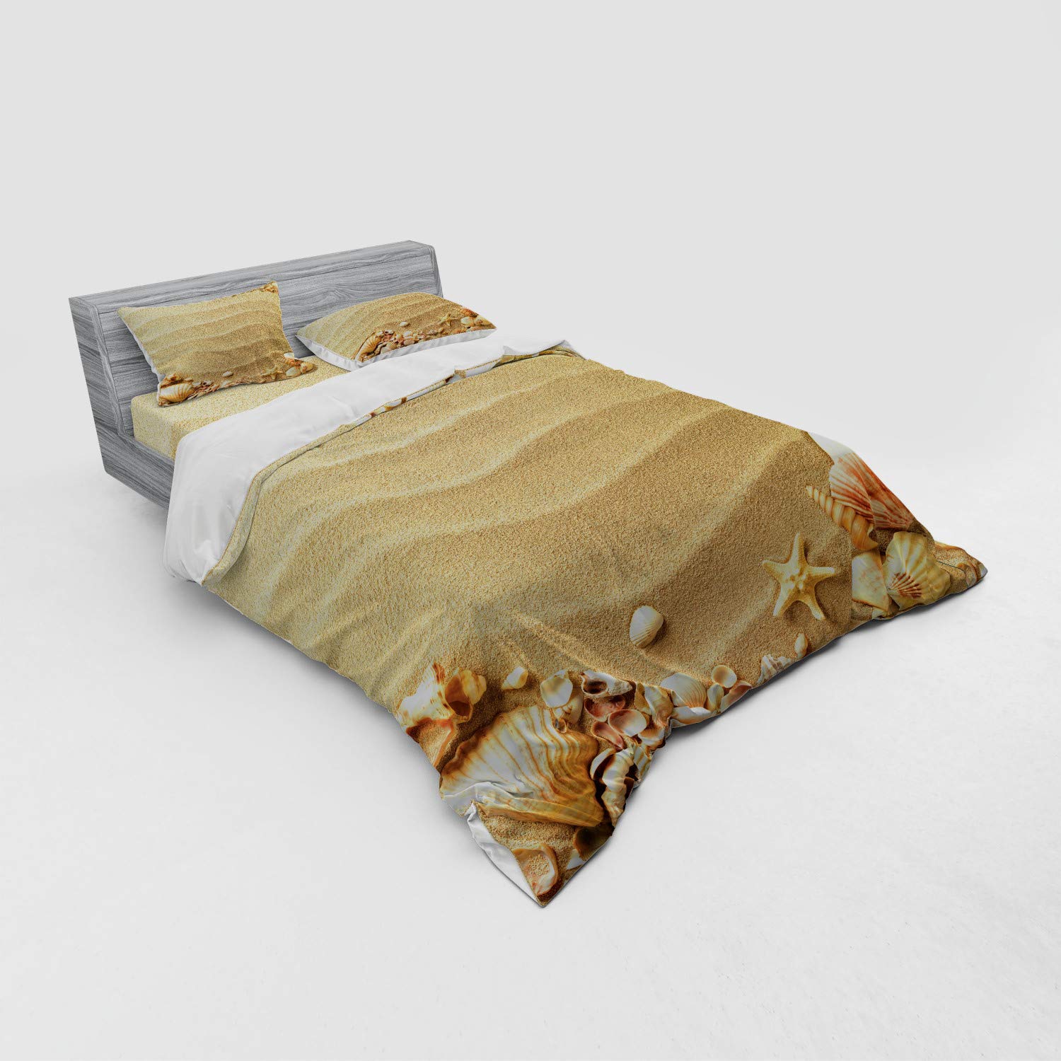 Ambesonne Nautical Beach Duvet Cover Set - 4 Piece Queen Size Bedding with Shams & Fitted Sheet - Sandy Shore Design with Seashells in Sand Brown Coral - Perfect for Coastal Themed Bedrooms & Vacation Homes