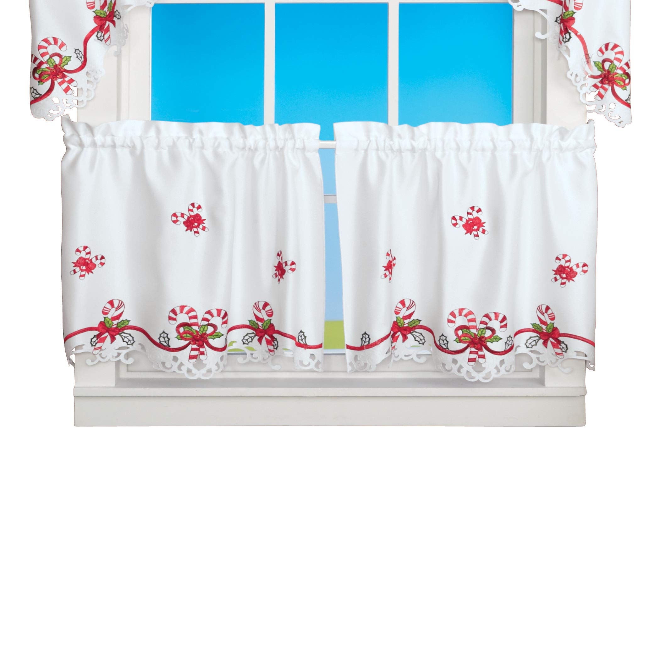 Embroidered Candy Cane Window Curtains with Rod Pocket Top - Christmas Holiday Home Decor for Living Room, Bedroom & Kitchen - Festive Seasonal Window Treatments
