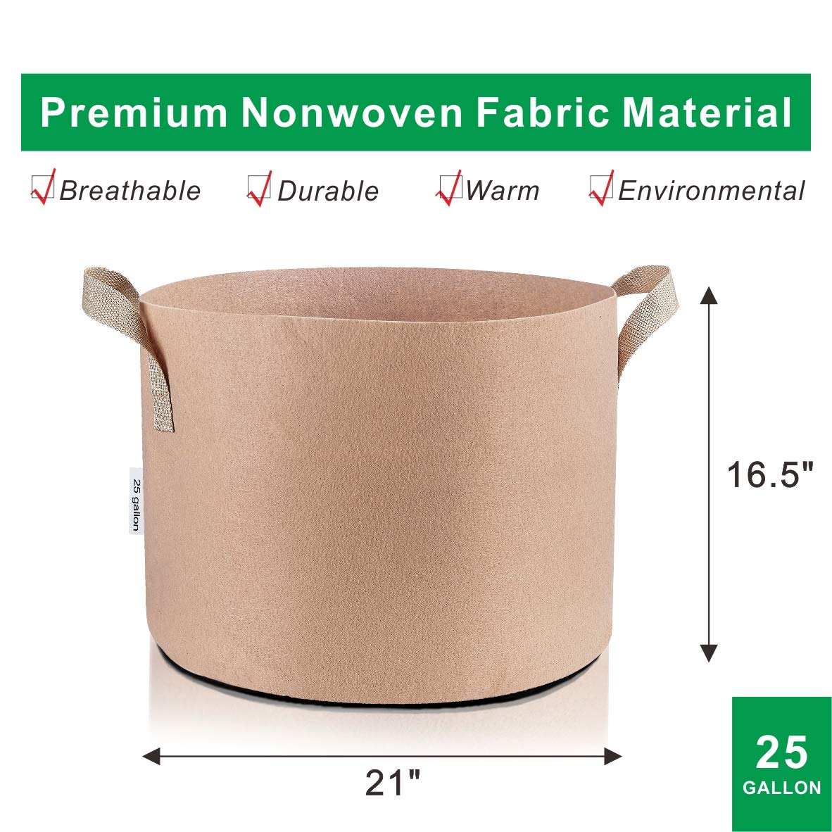 24-Pack 25 Gallon Tan Fabric Grow Bags - Breathable Aeration Pots for Nursery, Garden & Planting | Durable Container for Vegetables, Fruits & Flowers | Perfect for Indoor & Outdoor Gardening