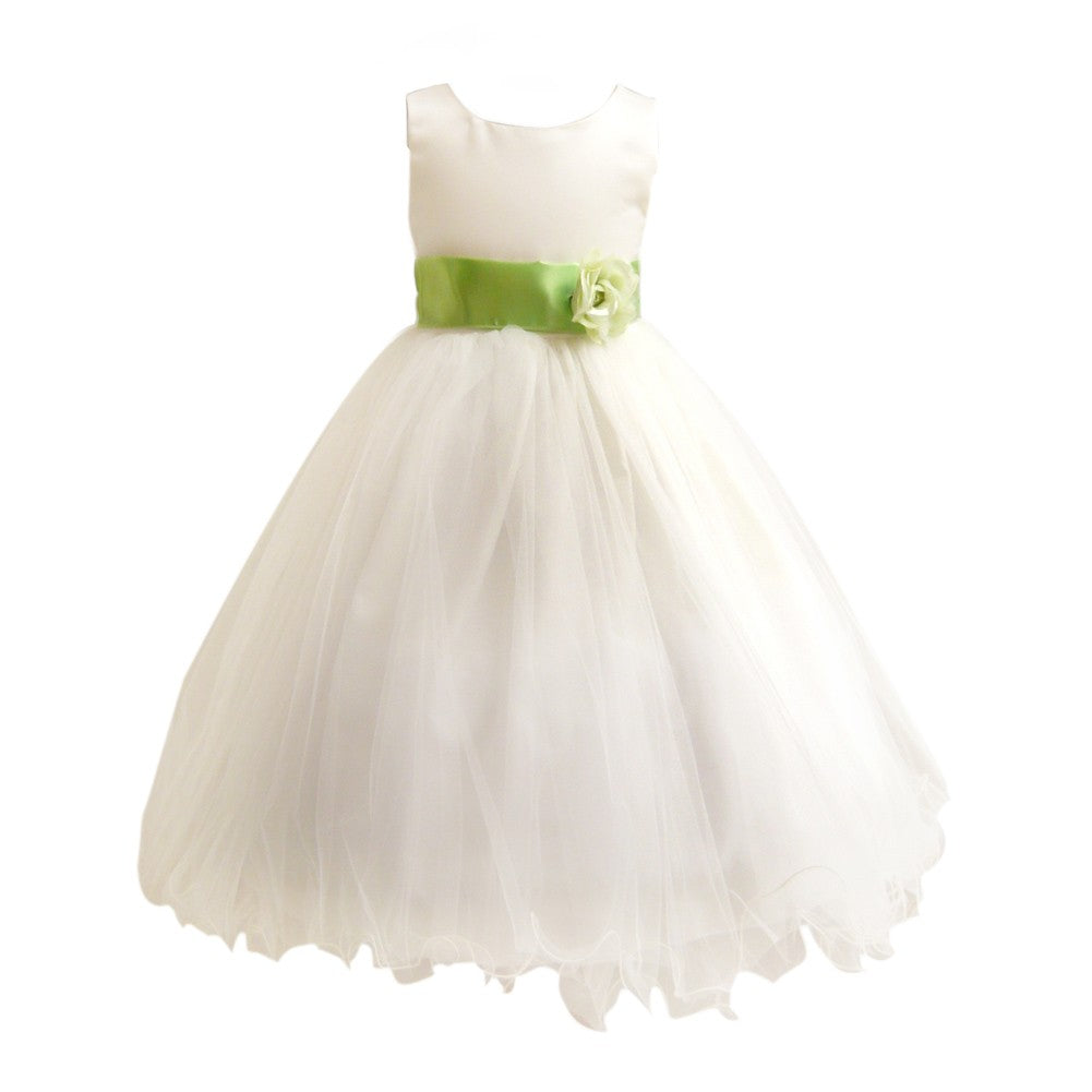 Big Girls Ivory Green Sash Satin Tulle 3-Layer Flower Girl Dress - Size 8-14 | Perfect for Weddings, Birthday Parties & Special Occasions