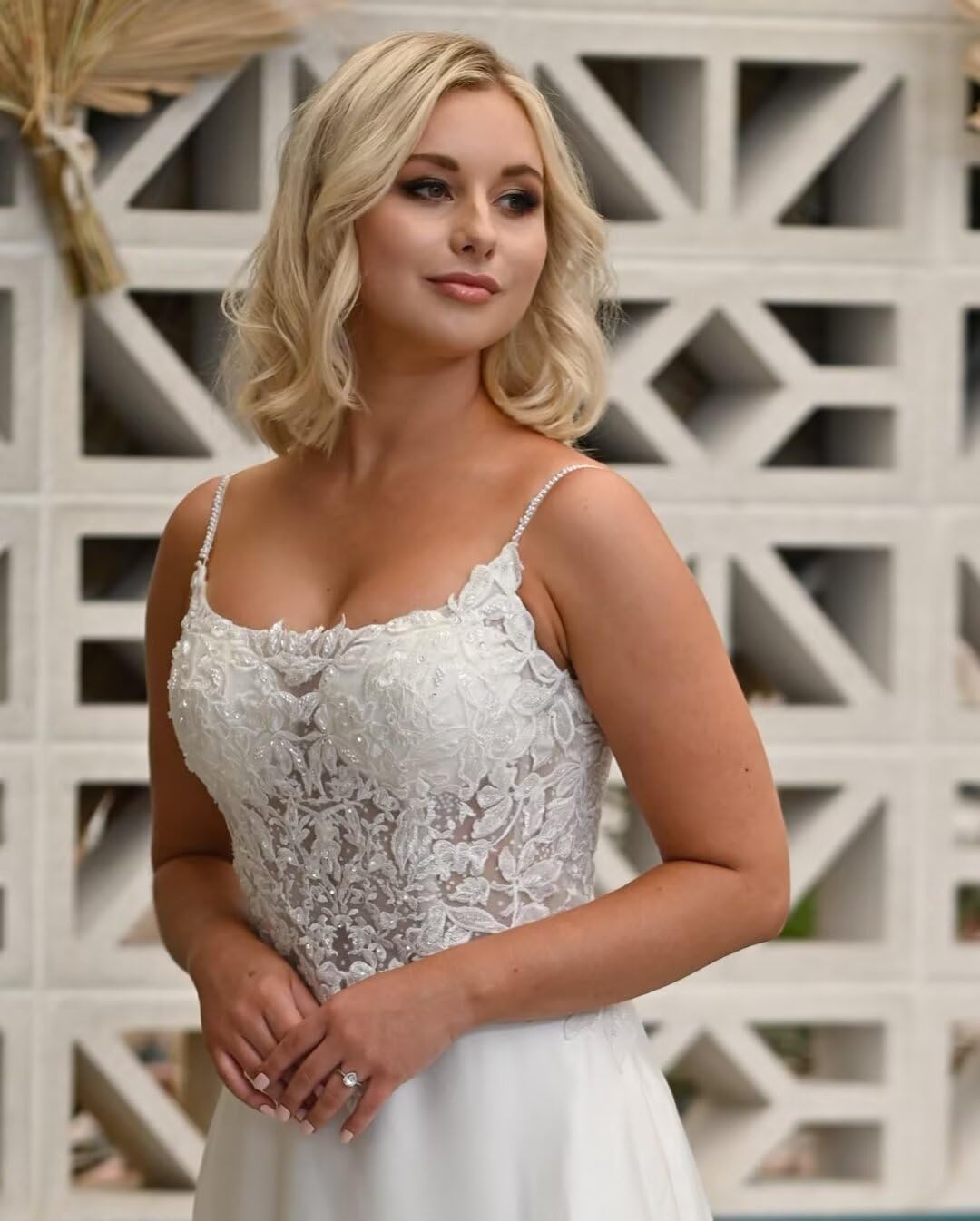 Elegant Spaghetti Straps Wedding Dress with Long Lace Train & Pockets - Beaded Beach Summer Bridal Gown for Outdoor Ceremonies & Destination Weddings