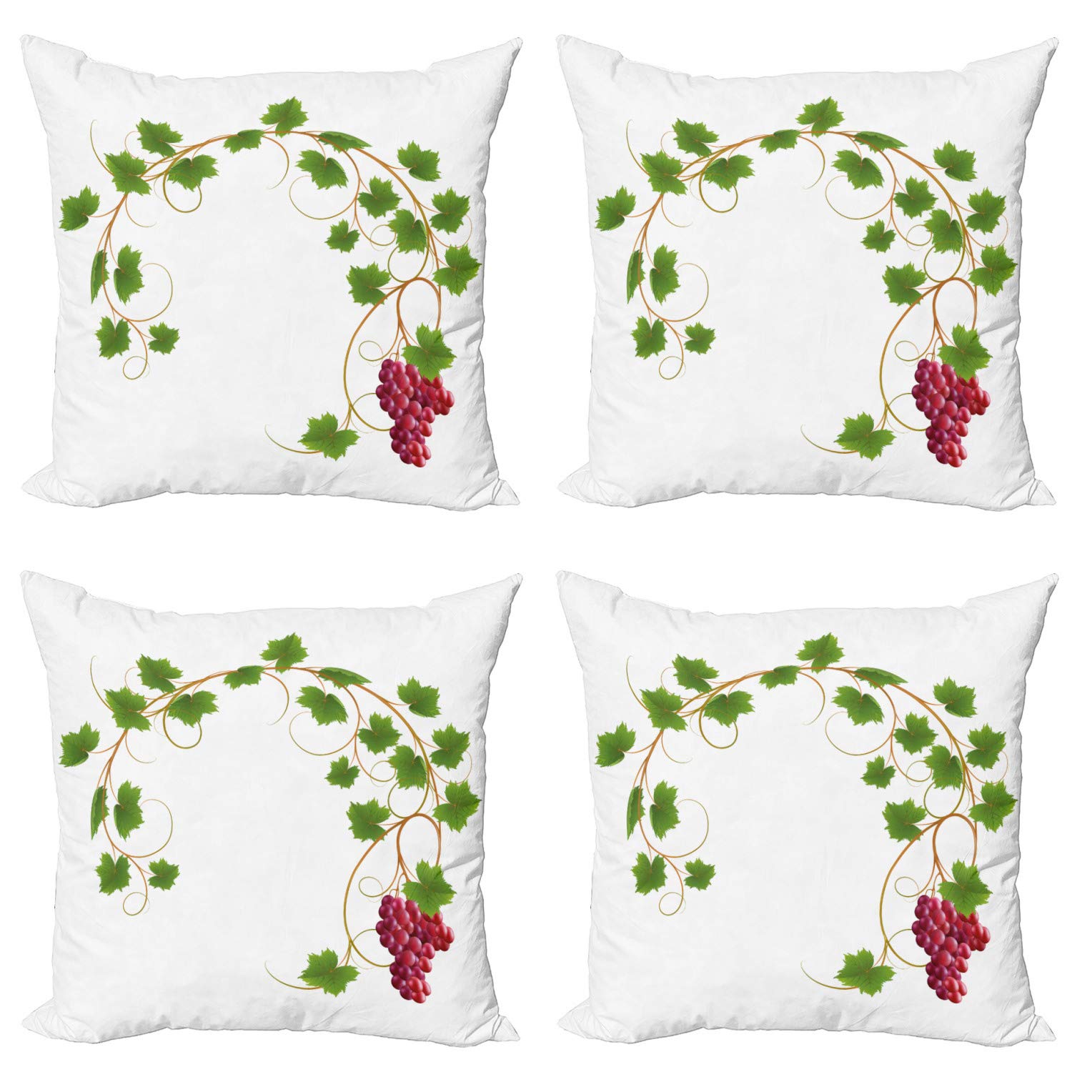 Ambesonne Vineyard Decorative Throw Pillow Covers - Pack of 4, 24 Inch Cabernet Wine Theme with Ivy Branch & Grape Cluster Print - Green & Purple Cushion Covers for Sofa, Living Room, Bedroom, or Car Decor