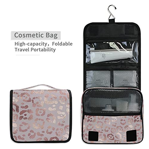 Rose Gold Leopard Print Hanging Toiletry Bag - Waterproof Travel Makeup Organizer for Women & Men | Portable Cosmetic Case for Bathroom, Gym, Camping & Vacation Essentials