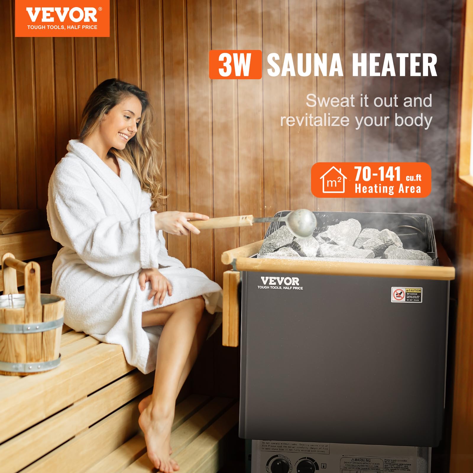 VEVOR 3KW 220V Electric Sauna Heater with Built-in Controls, 3h Timer & Adjustable Temperature (70-141 cu ft) - Home Spa, Hotel Sauna & Steam Bath Use - FCC Certified for Safety & Relaxation