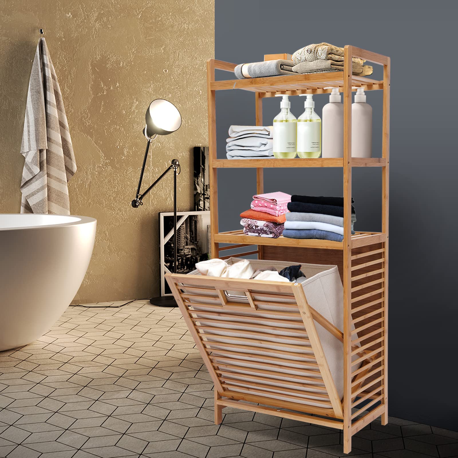 3-Tier Tilt Out Laundry Hamper with Shelf - 19.7