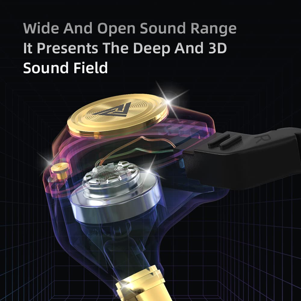 Premium Wired Earbuds with Microphone - Heavy Bass & Zero Latency IEM Headphones for Audiophiles - 3.5mm Jack Earphones (Transparent Black/Gold) - Perfect for Gaming, Music, Calls & Workouts - CABLEDUCK QKZ