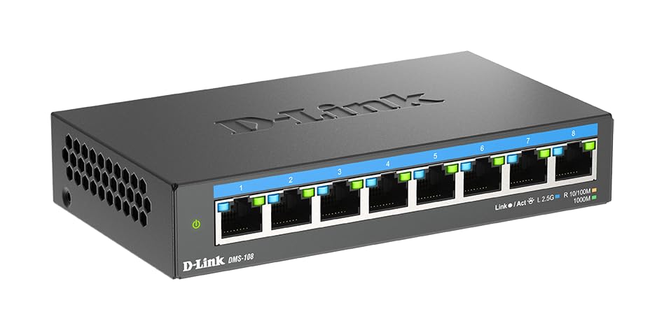 D-Link DMS-108 8-Port 2.5G Multi-Gigabit Unmanaged Desktop Switch | 8 x 2.5G Ethernet Ports | Fanless & Compact Metal Design | Plug & Play | QoS Support | Ideal for Home Office, Gaming & Small Business Networks