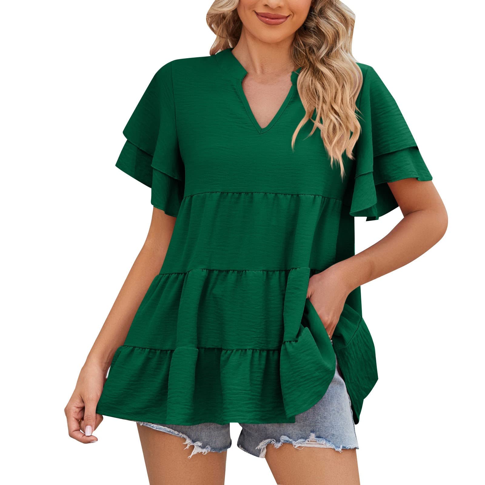 Plus Size Women's Double Layered Ruffle Sleeve V-Neck Tunic Top - Casual Loose Fit Summer Blouse for Going Out | Perfect for Office, Date Night & Weekend Wear