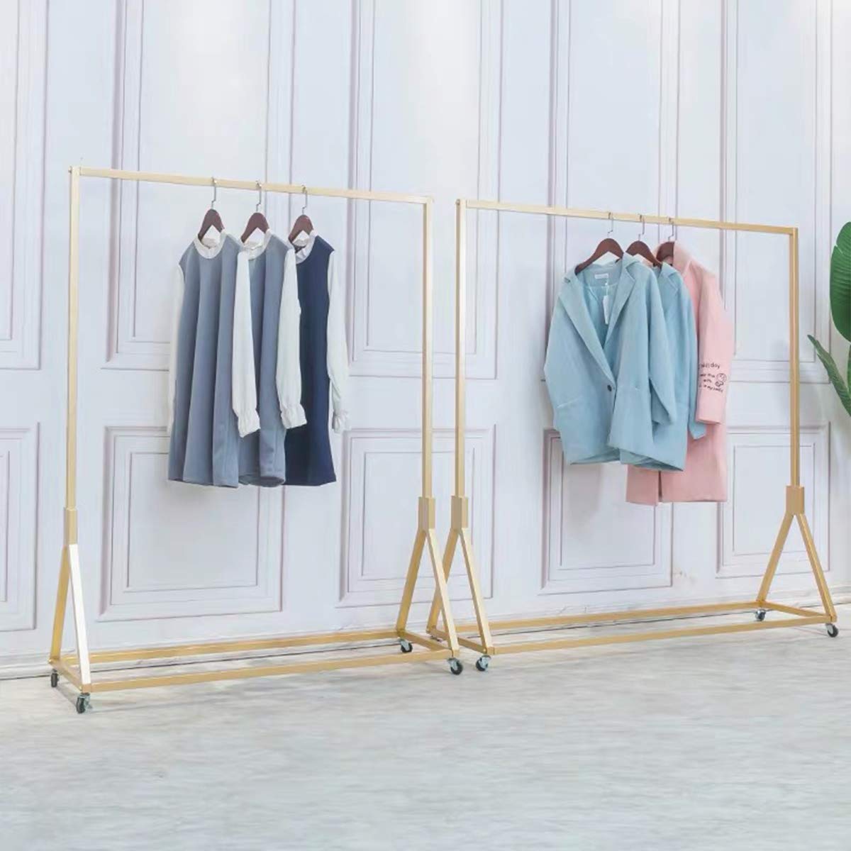 Heavy Duty Metal Rolling Garment Rack with Wheels - Modern Simple Gold Square Tube Clothes Rack (59 Inch Length) for Closet Organization, Laundry Room, Retail Store Display & Home Storage