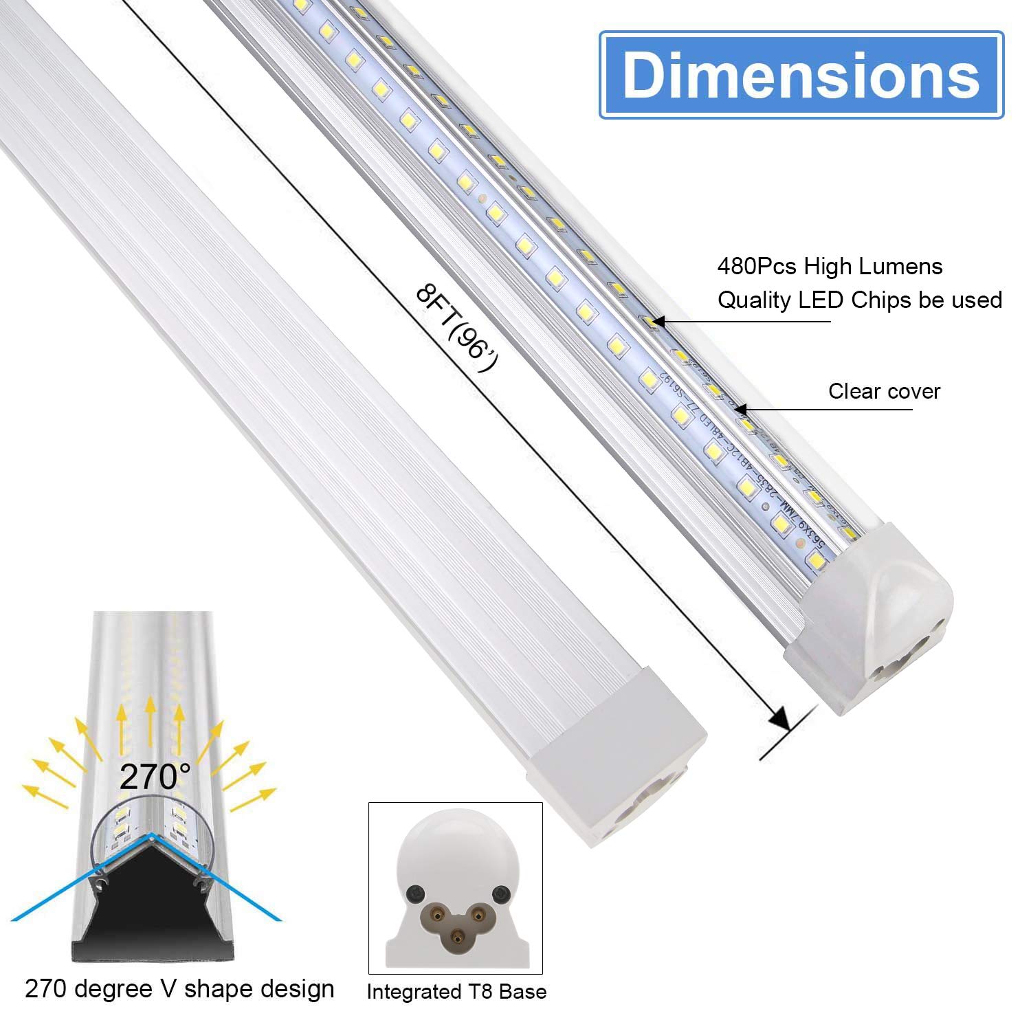 8FT LED Shop Light Fixture - 10 Pack White T8 Integrated Tube Lights, 72W 9500LM 6500K High Output with Clear Cover, V-Shape 270° Lighting for Garage, Warehouse & Workshop - Plug & Play Upgrade - Perfect for Industrial Spaces, Retail Stores and Home Garages
